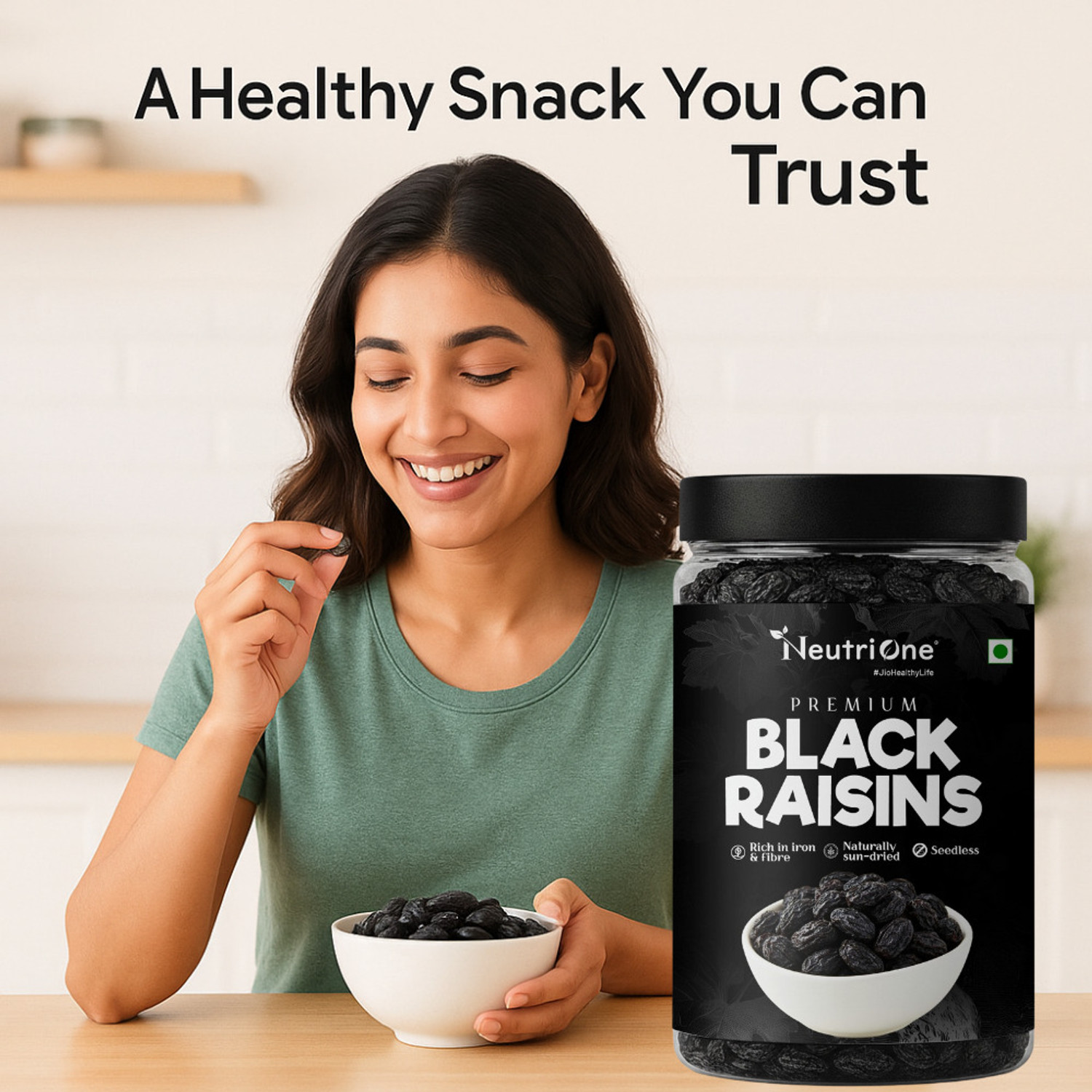Image of NeutriOne Premium Black Raisins | Kismish 500 gm | Sweet & Soft Kishmish /Kismis dry fruits Raisins