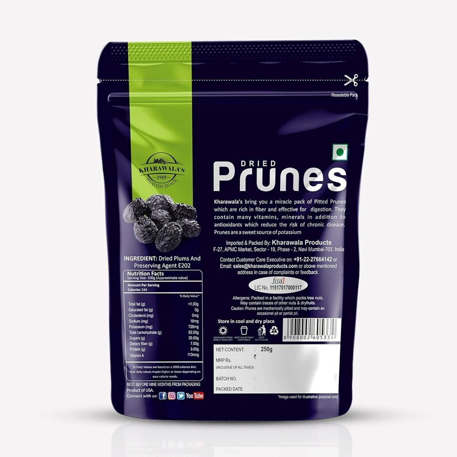Image of KHARAWALA'S Prunes Dried Pack of 1 - 250 Grams Prunes