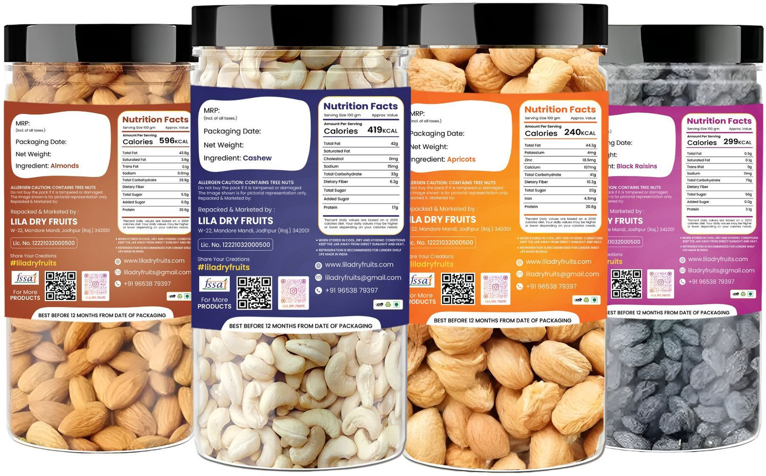 Image of lila dry fruits Almond(150gm), Cashew (150gm), Black Raisin (150gm) & Apricots(150 gm) Combo Almonds, Cashews, Raisins, Apricots (4 x 150 g)