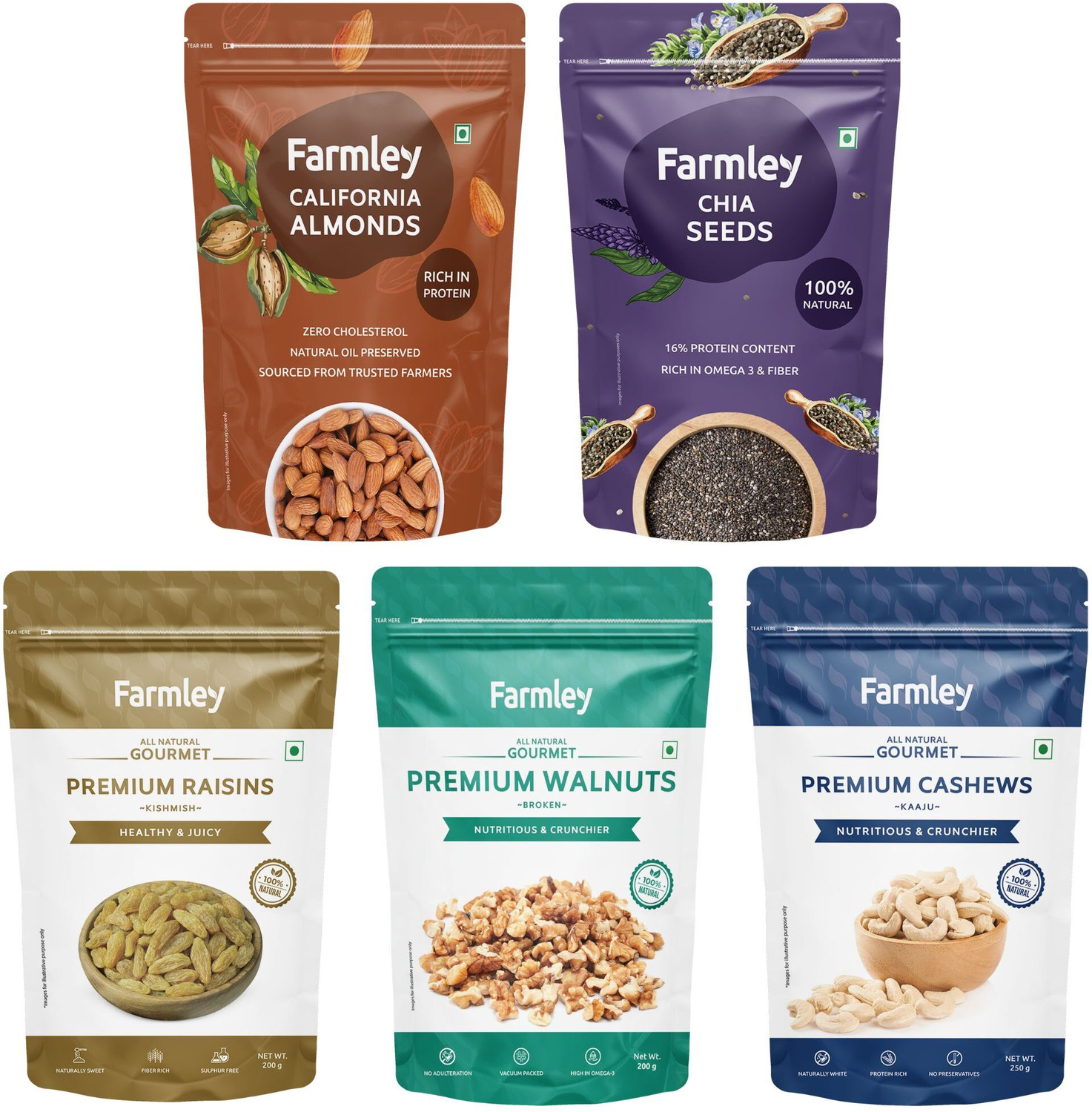 Image of Farmley Dry fruits Combo Pack of Almonds Cashews Raisins Walnuts Chia Seeds