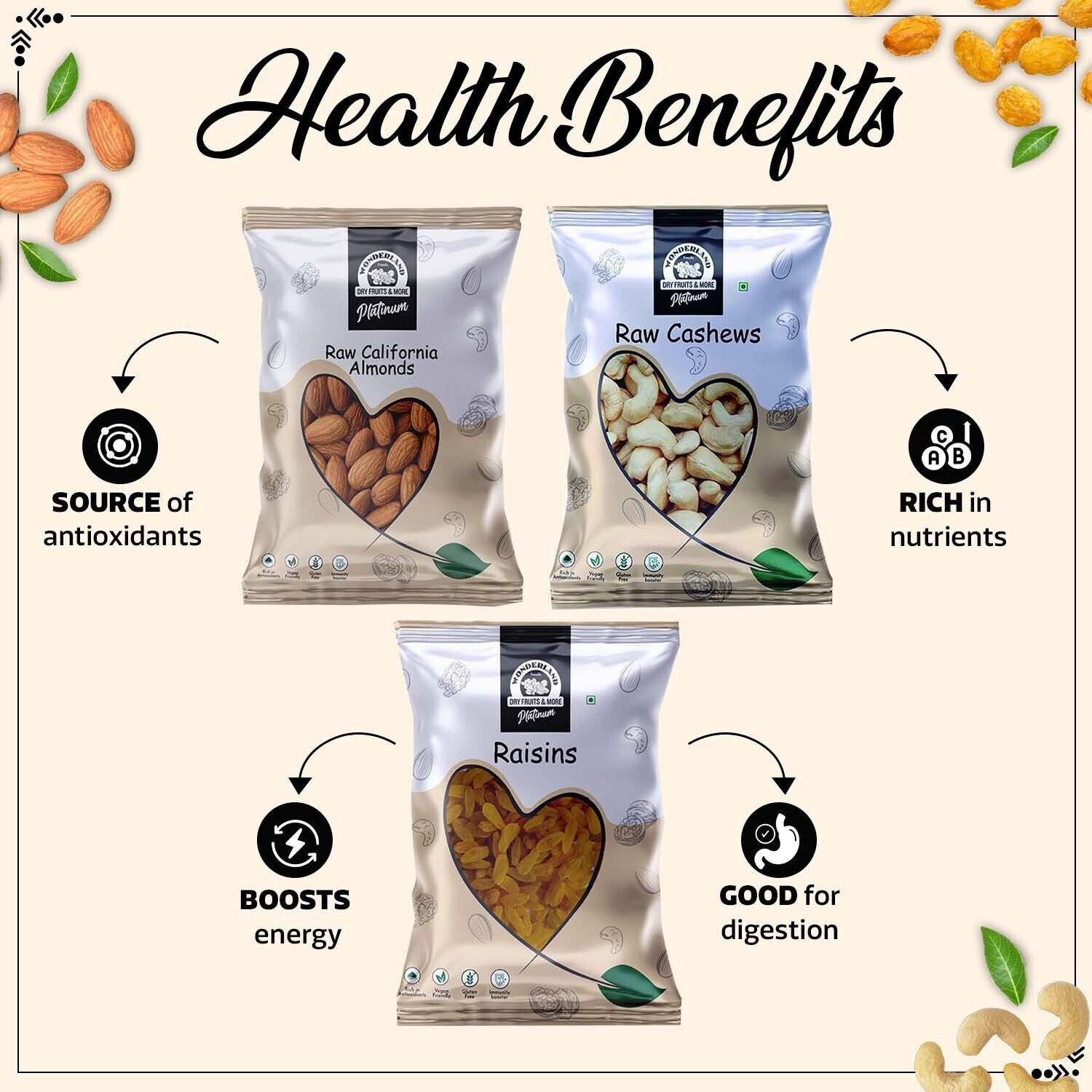 Image of WONDERLAND Foods Hand Picked Premium Combo of Platinum Almonds, Cashews, Raisins