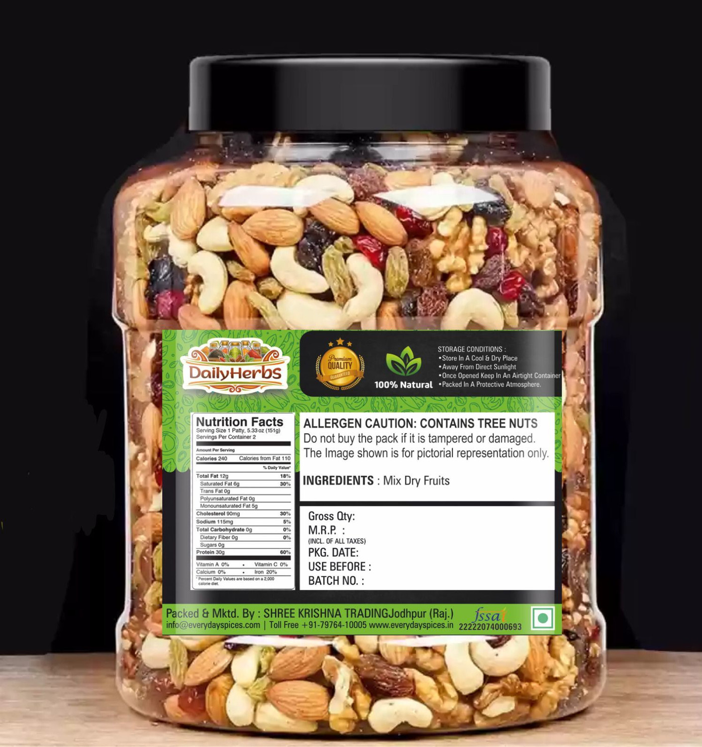 Image of DAILYHERBS Mix Dry Fruit | Mewa Mix | | A+ Almonds, Cashews, Raisins, Apricots, Assorted Seeds & Nuts (1 x 500 g)