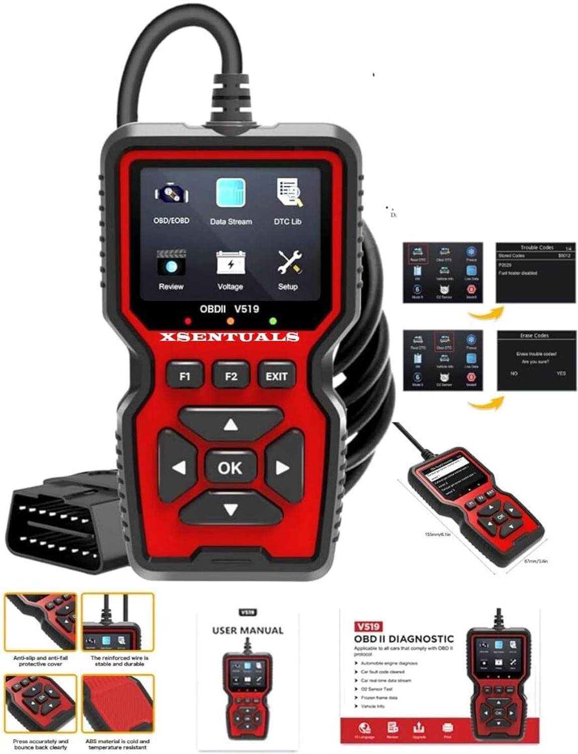 Image of Xsentuals OBDKING V519 OBD Scanner & 21-Cord E20 Updated OBD2 Cable | BS6 BS7 Obd Tool OBD Interface