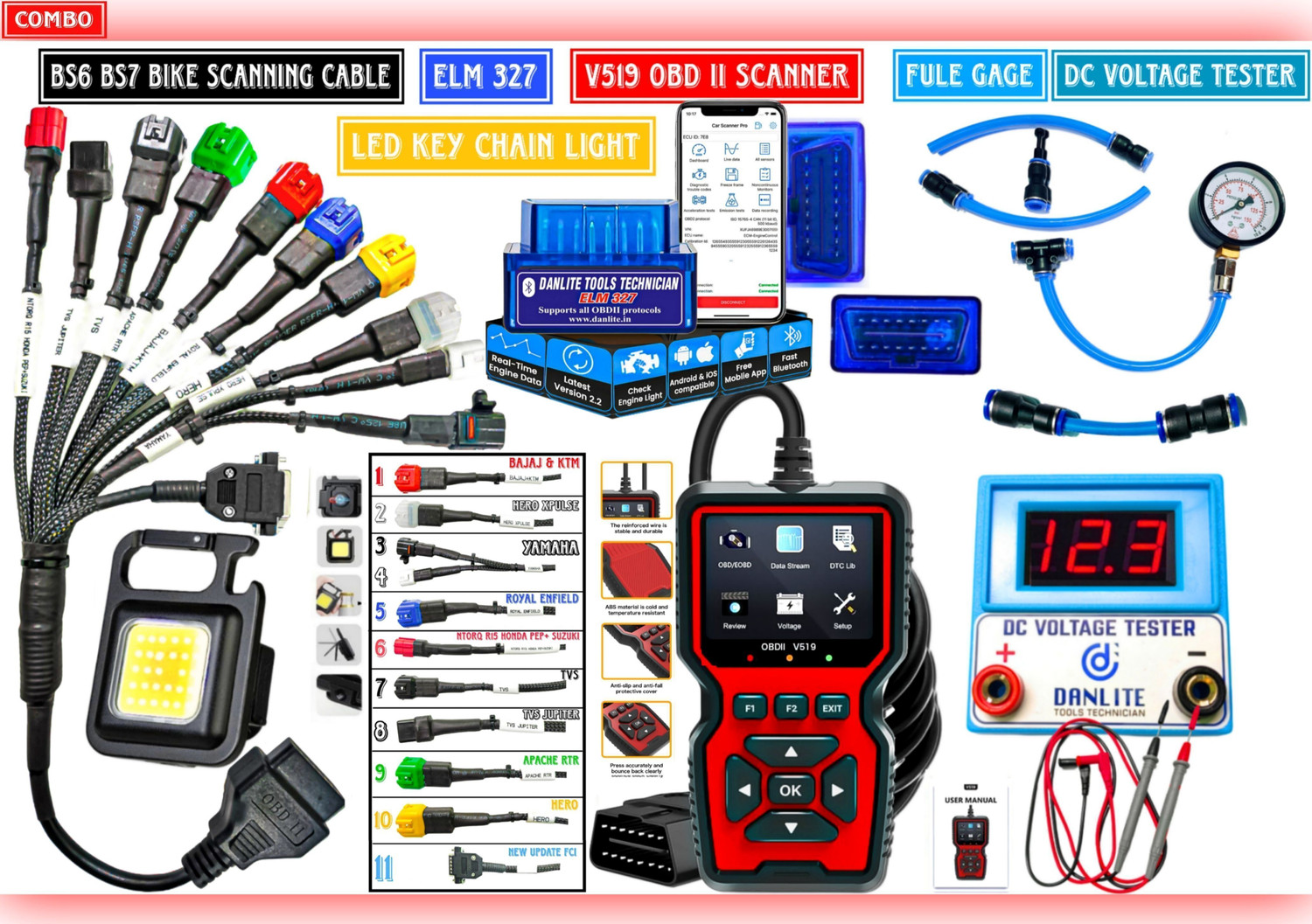 Image of Danlite Tools Technician V519 OBD-II Scanner Full Kit for BS6 BS7 Bike Diagnostics OBD Reader