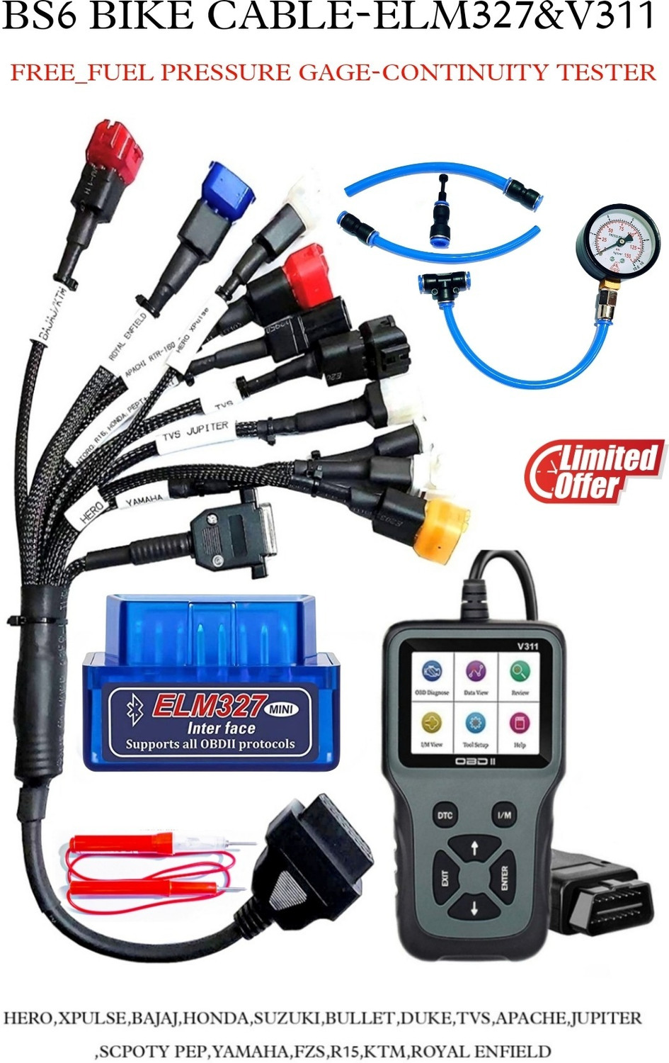 Image of FREEFACE BS6 Bike Cable 11 Cord with V311 OBD Scanner Free ELM OBD and Fuel Tester OBD Reader