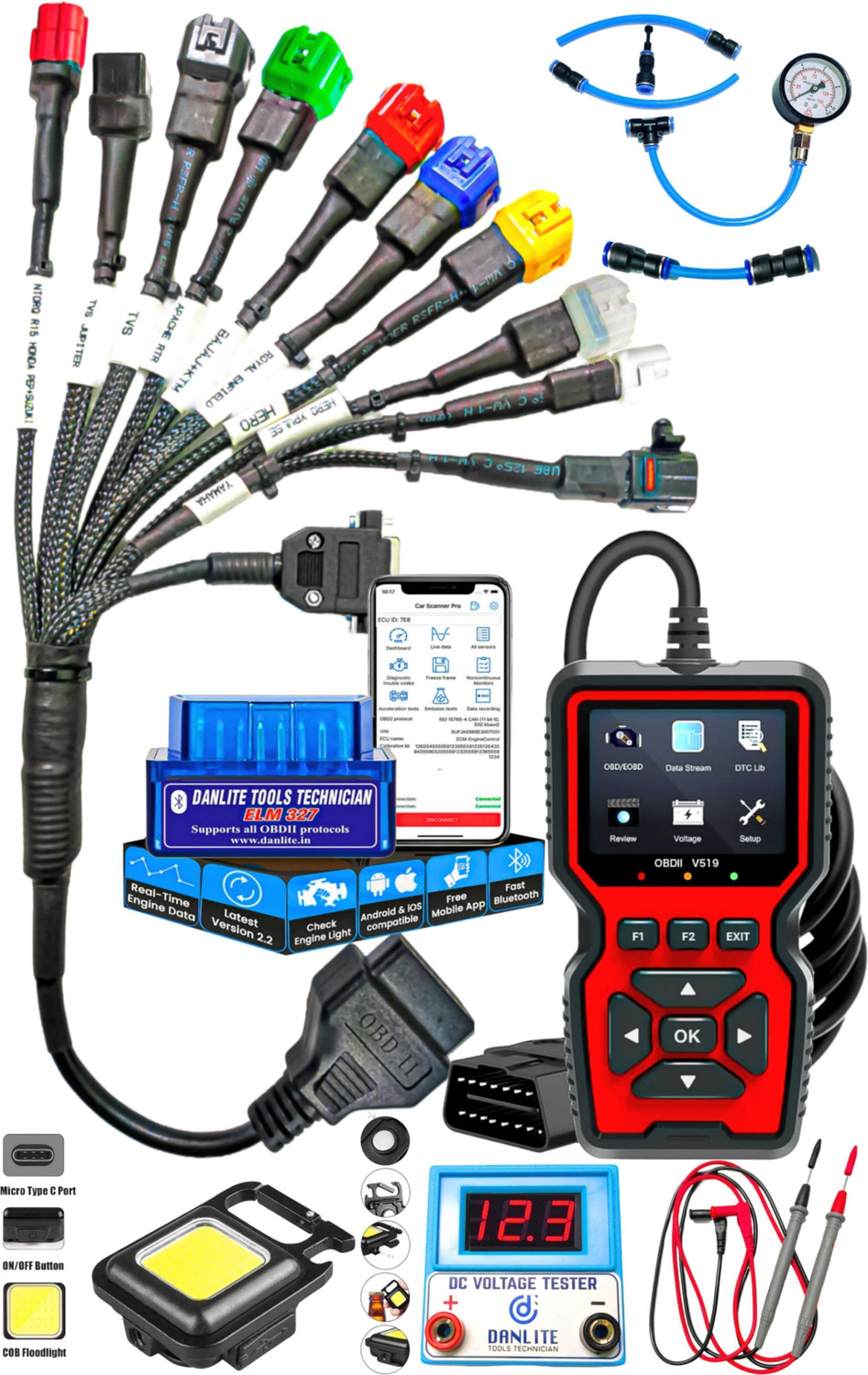 Image of Danlite Tools Technician V519 OBD-II Scanner Full Kit for BS6 BS7 Bike Diagnostics OBD Reader