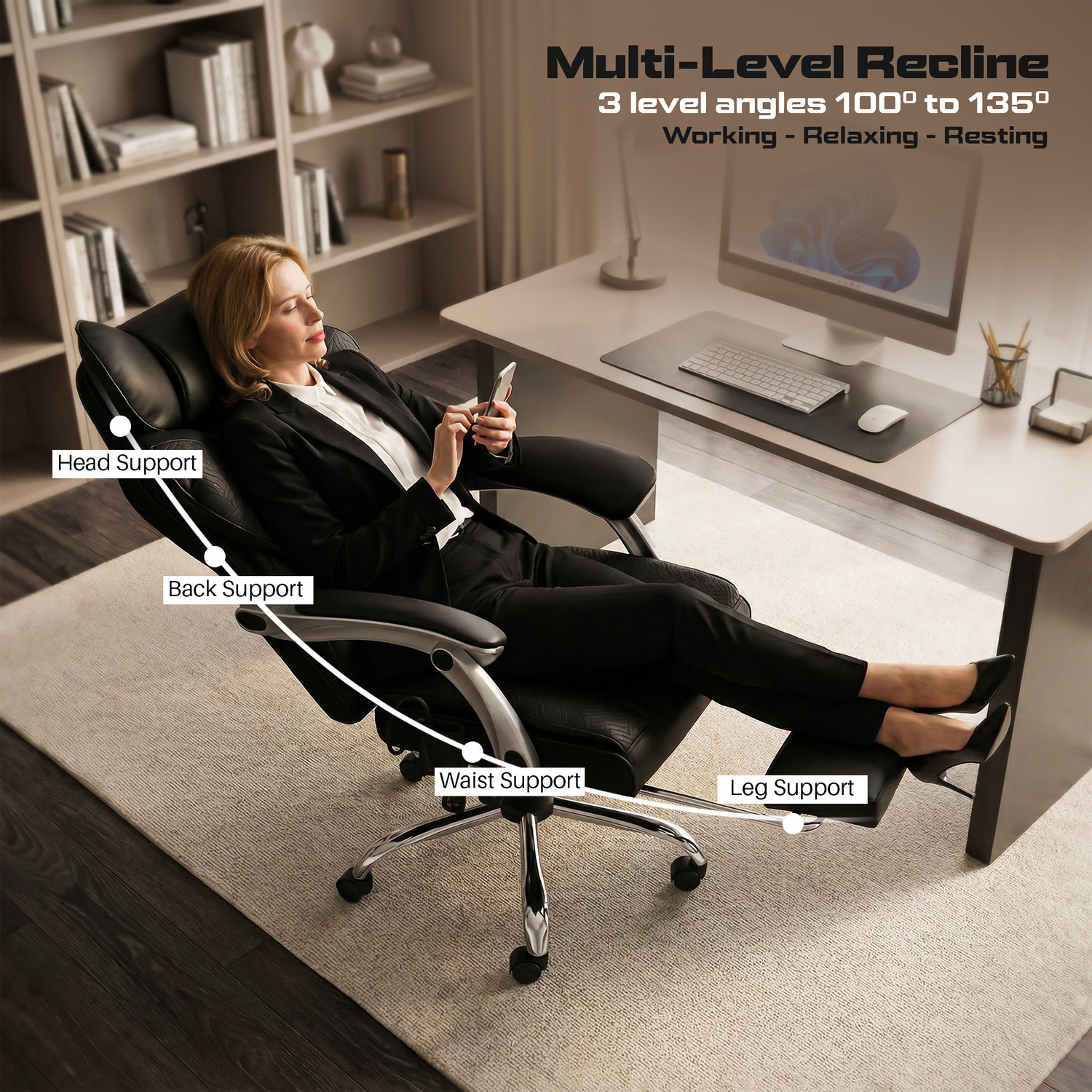 Image of Drogo Emperium Office Chair with Pumping Lumbar Support, PU Leather & Footrest Mesh Office Executive Chair