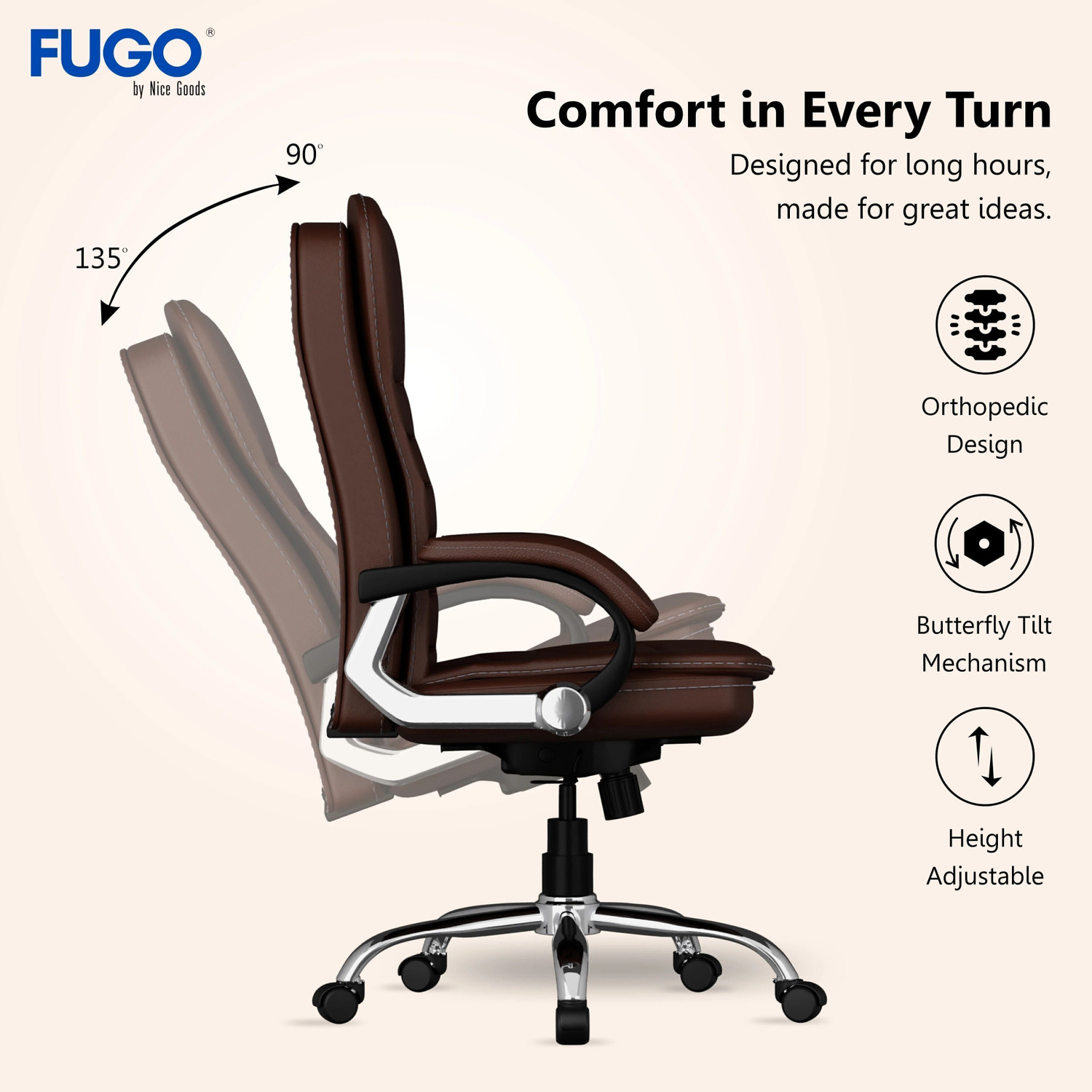 Image of FUGO Chair FG112 Office Chair, Study Chair, Computer Chair, 3 Years Warranty Leatherette Office Executive Chair