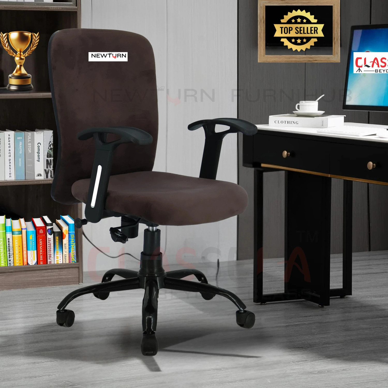 Image of zidle Rainbow velvet Mid back work from home chair with Metal base & 2 Years warranty Leatherette Office Adjustable Arm Chair