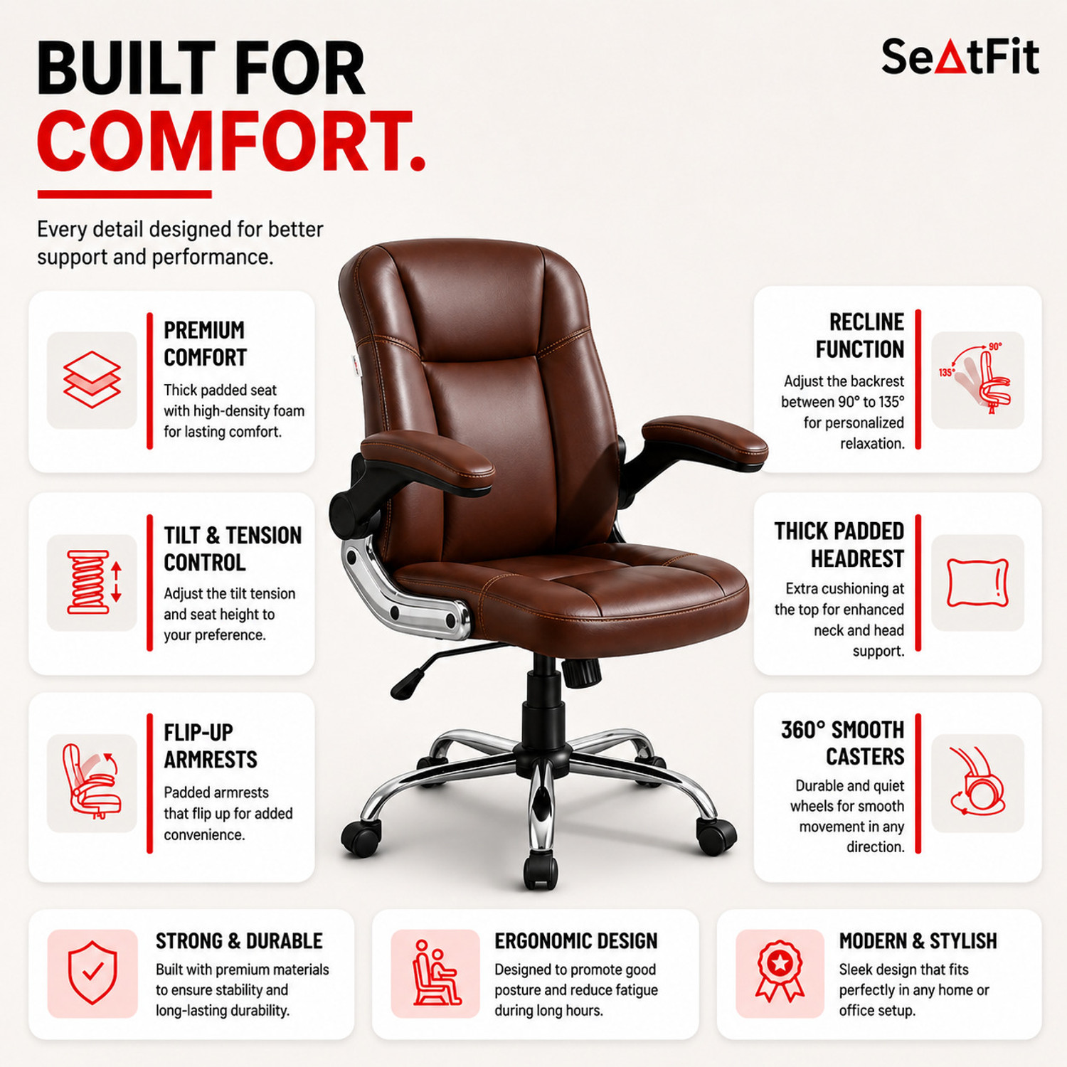 Image of SEATFIT Ergo Adjust M51 Mid-Brown Leatherette Office Chair with Adjustable Arms Leatherette Office Executive Chair