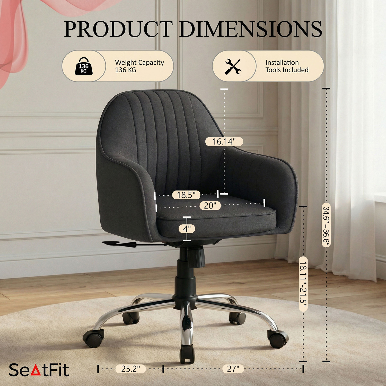 Image of SEATFIT Velvet Ergonomic Desk Chair with Recline, Swivel & Adjustable Height Home Office Full-Aniline Leather Office Executive Chair
