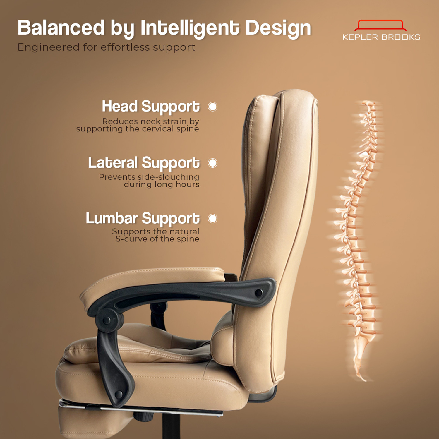 Image of Kepler Brooks Premium Recliner, Ergonomic Office Chair with Padded Arms & Leg Rest - Italia Leatherette Office Adjustable Arm Chair