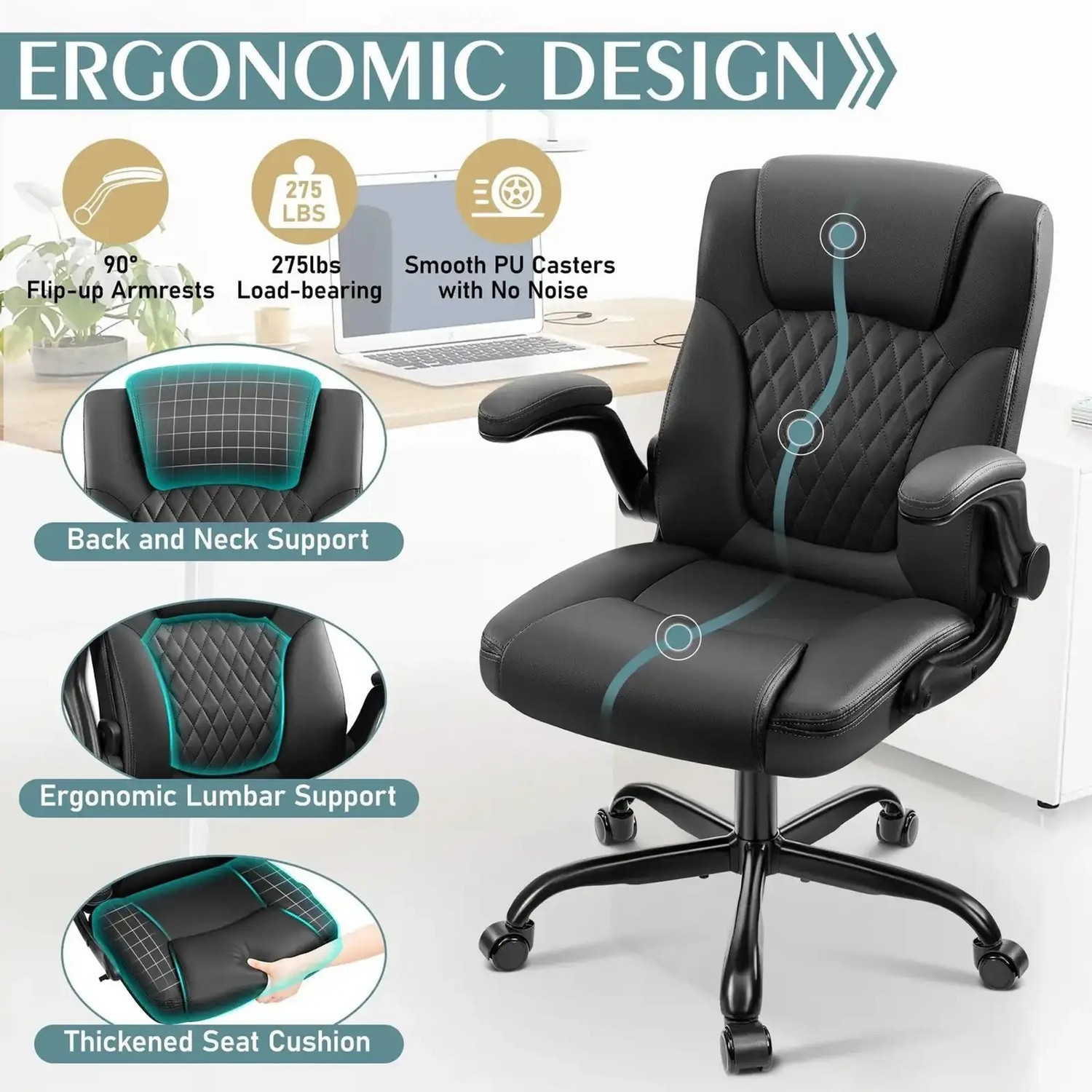 Image of Smartseat 2 Year Warranty Leather Office Chair, PU Home Computer Desk Chairs Leatherette Office Adjustable Arm Chair