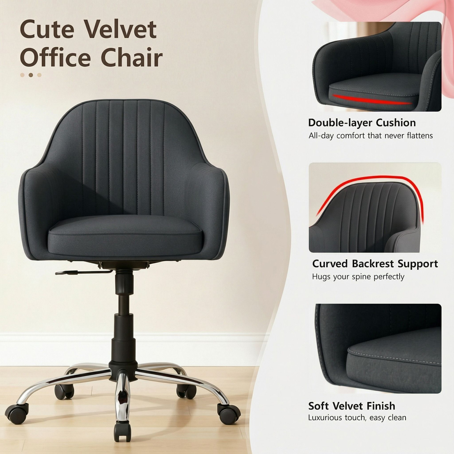Image of SEATFIT Velvet Ergonomic Desk Chair with Recline, Swivel & Adjustable Height Home Office Full-Aniline Leather Office Executive Chair