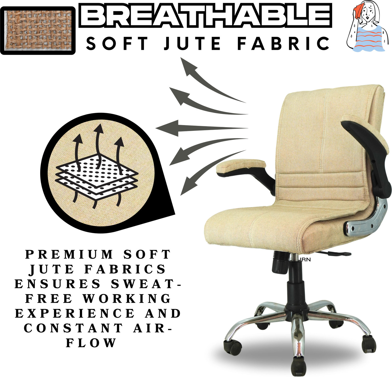 Image of Newturn MAXSON Mid Soft Jute Fabric work from Office /home chair with 1 Yrs Parts Wrty Jute Office Adjustable Arm Chair