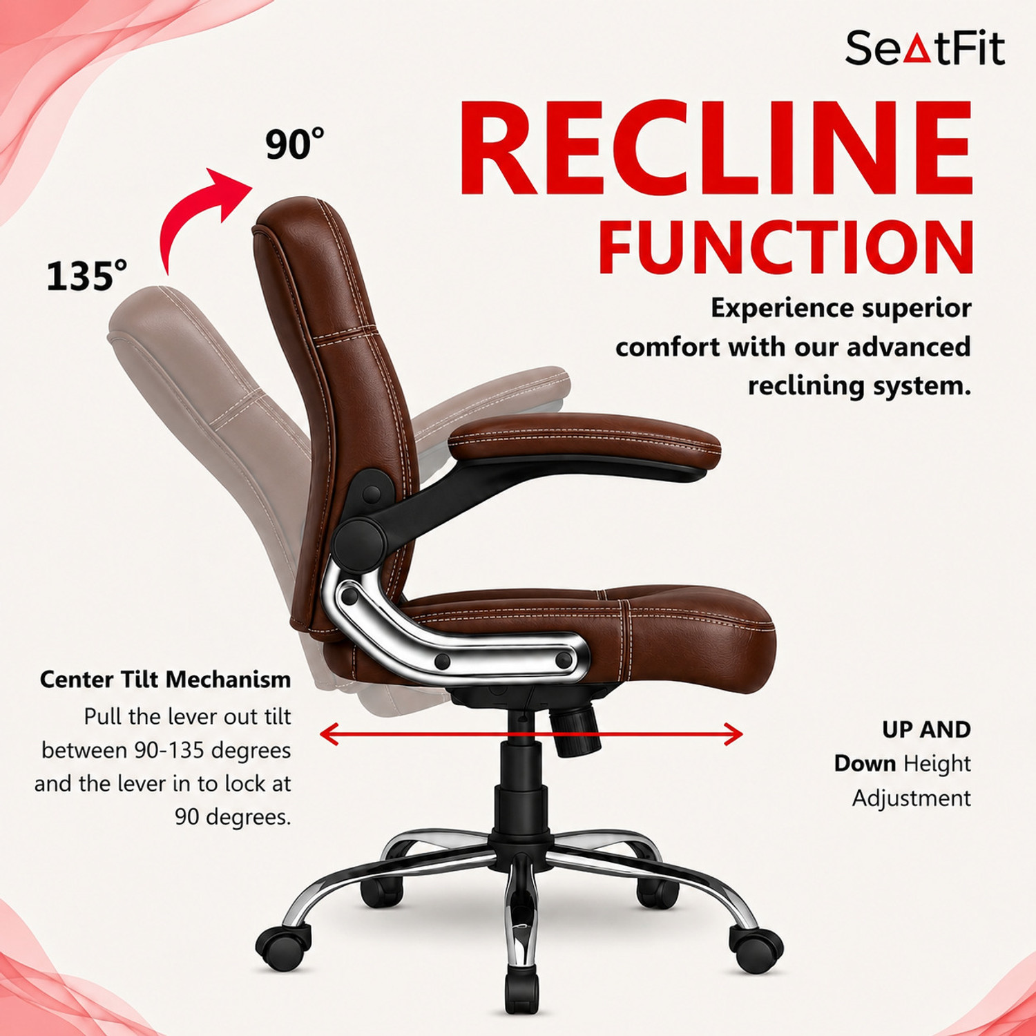 Image of SEATFIT Ergo Adjust M51 Mid-Brown Leatherette Office Chair with Adjustable Arms Leatherette Office Executive Chair