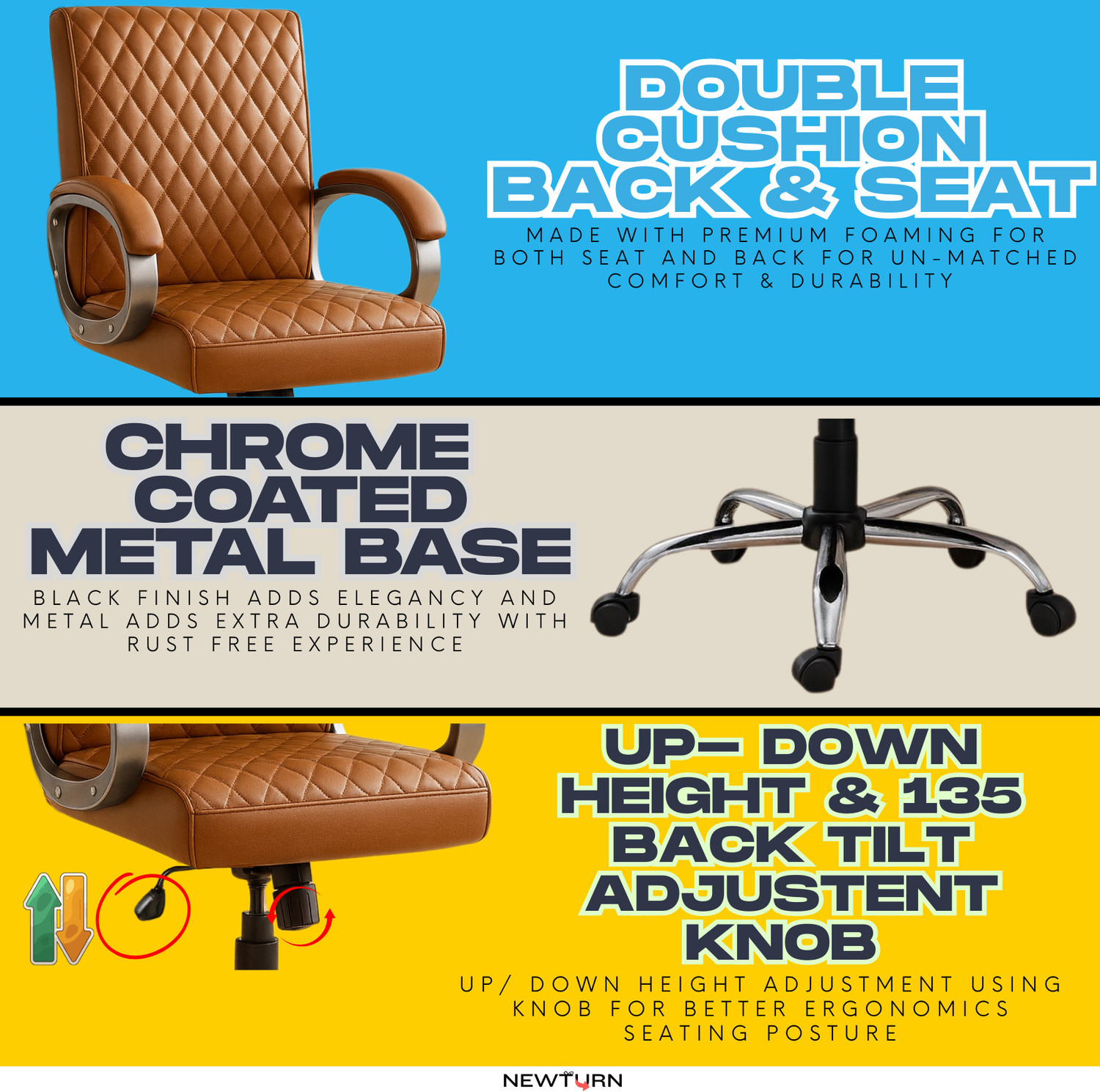 Image of Newturn BETA mid-Back Work form home /office Chair with 2 Yrs Prts replc. wrty Leatherette Office Adjustable Arm Chair