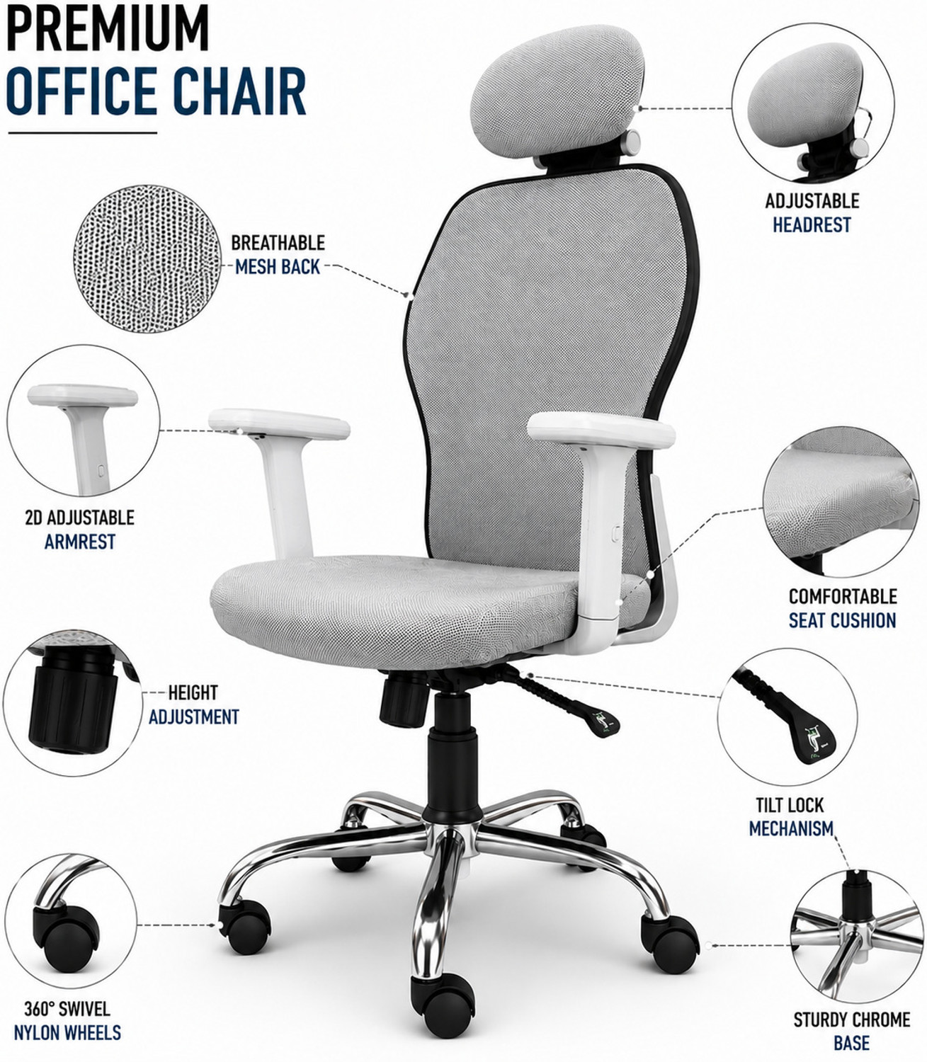 Image of Aayra Dual Lock, 90-135 Recline, Adjustable Headrest & 2D Armrests. Mesh Office Adjustable Arm Chair