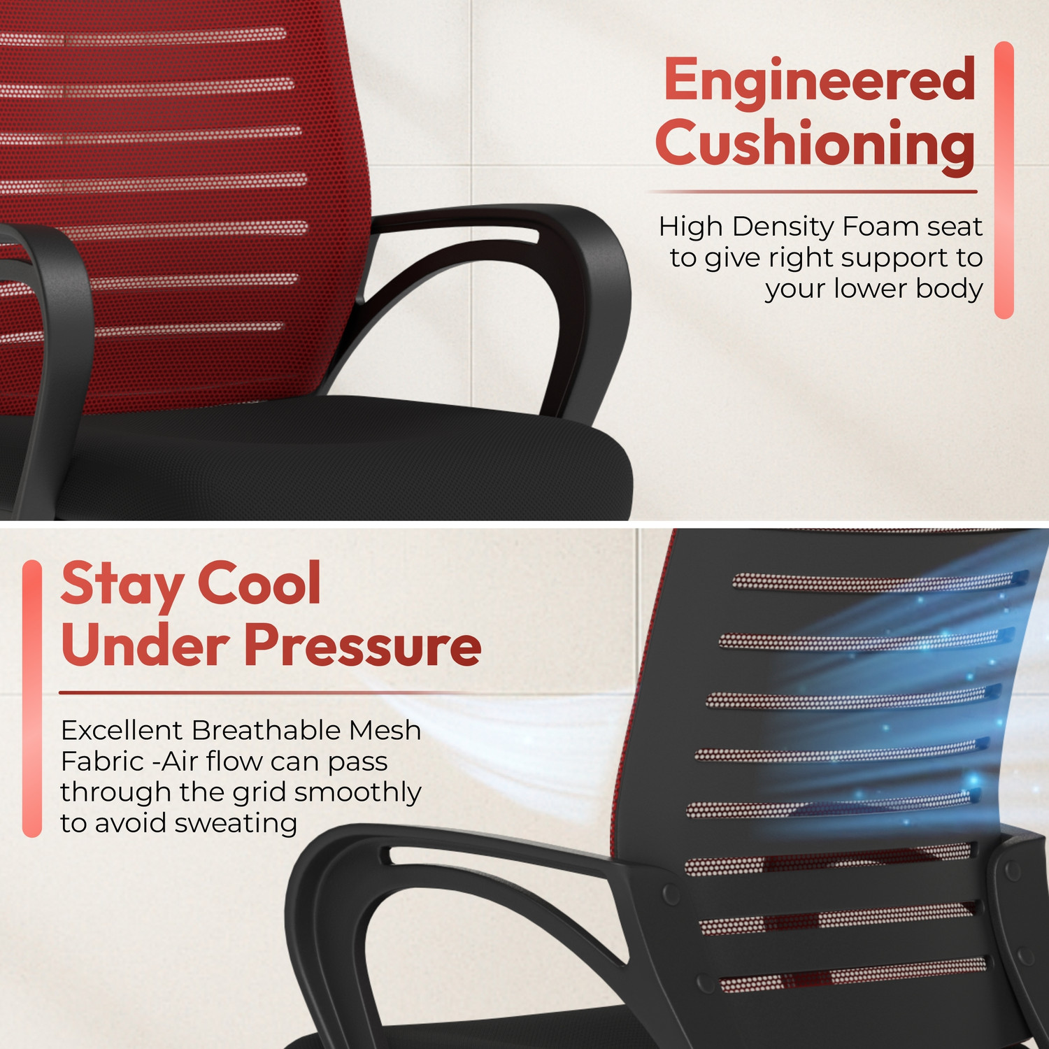 Image of Da URBAN Tulip Red Mesh Mid Back | Ergonomic | Heavy Duty Frame | Study Chair | Mesh Office Visitor Chair