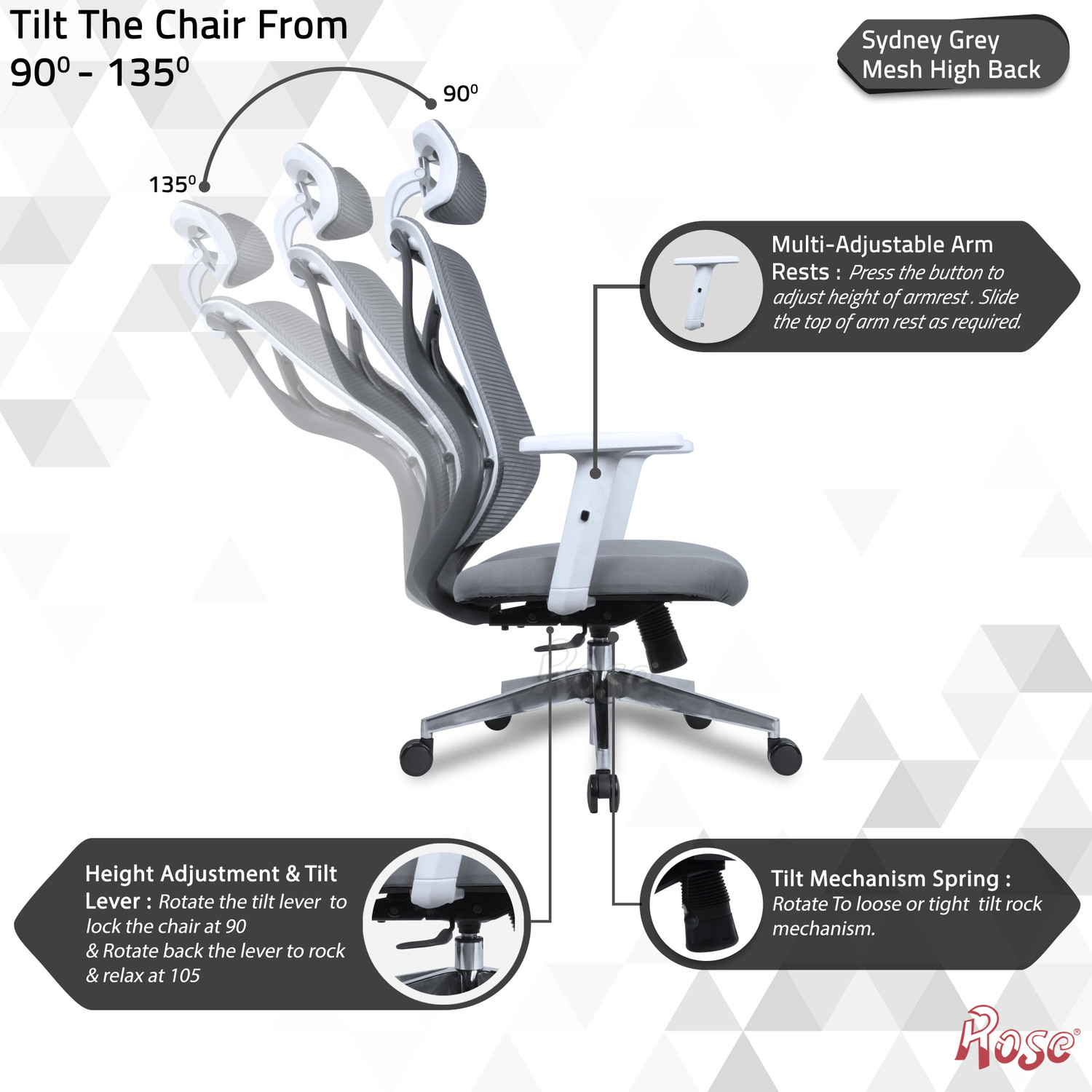 Image of Rose Designer Chairs ROSE Sydney High Back Ergonomic Mesh, Fabric Office Adjustable Arm Chair