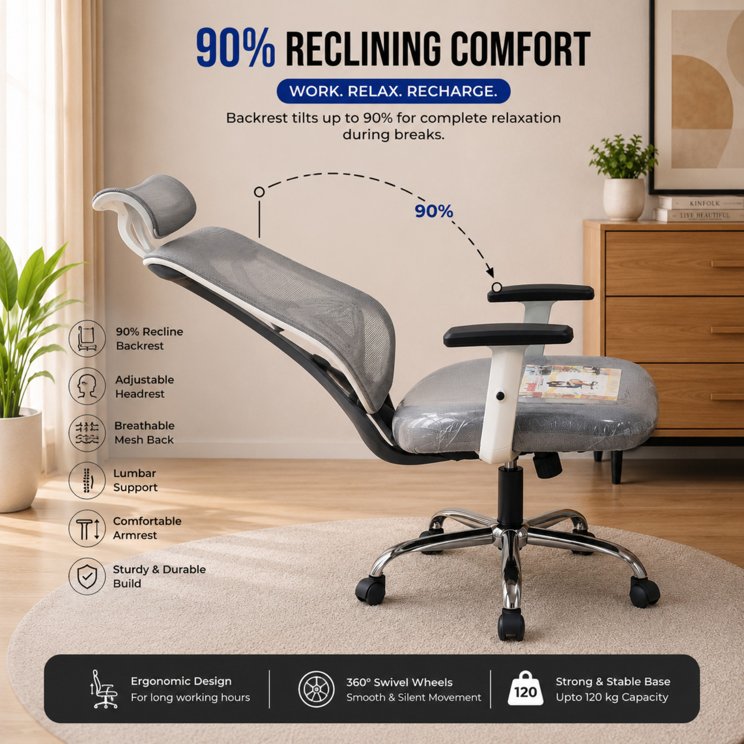 Image of KHUSSH Cotton, Cotton Blend Office Adjustable Arm Chair