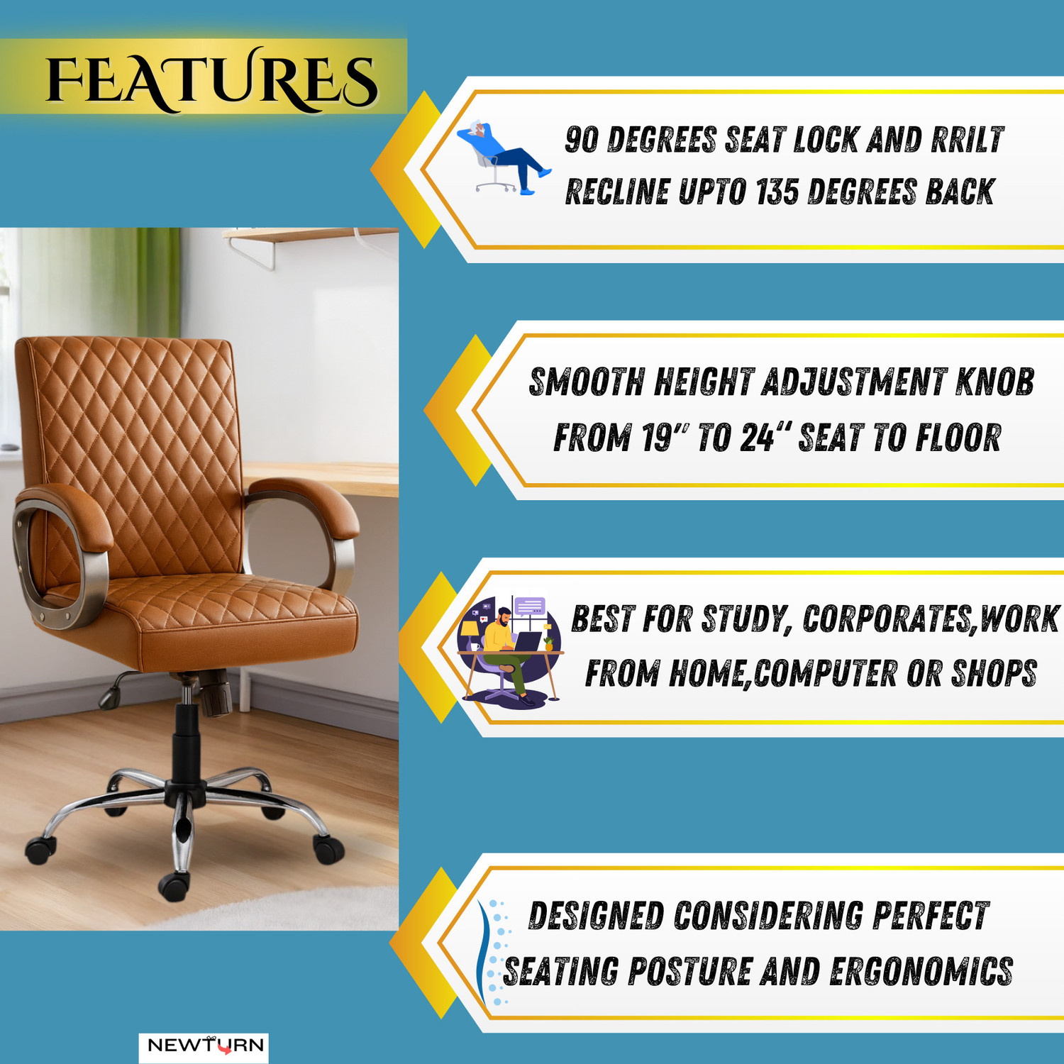 Image of Newturn BETA mid-Back Work form home /office Chair with 2 Yrs Prts replc. wrty Leatherette Office Adjustable Arm Chair
