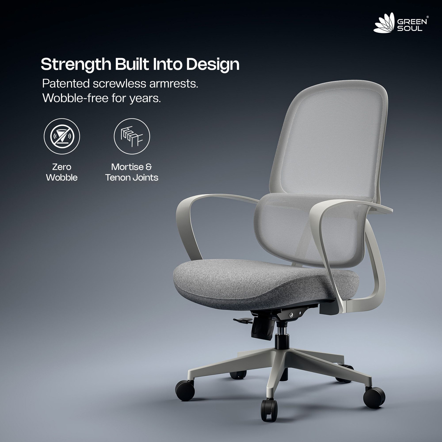 Image of GREEN SOUL Orbit Mesh Office Chair for Work|Ultra Thick Cushion|Patented Screwless Armrest Fabric Office Adjustable Arm Chair