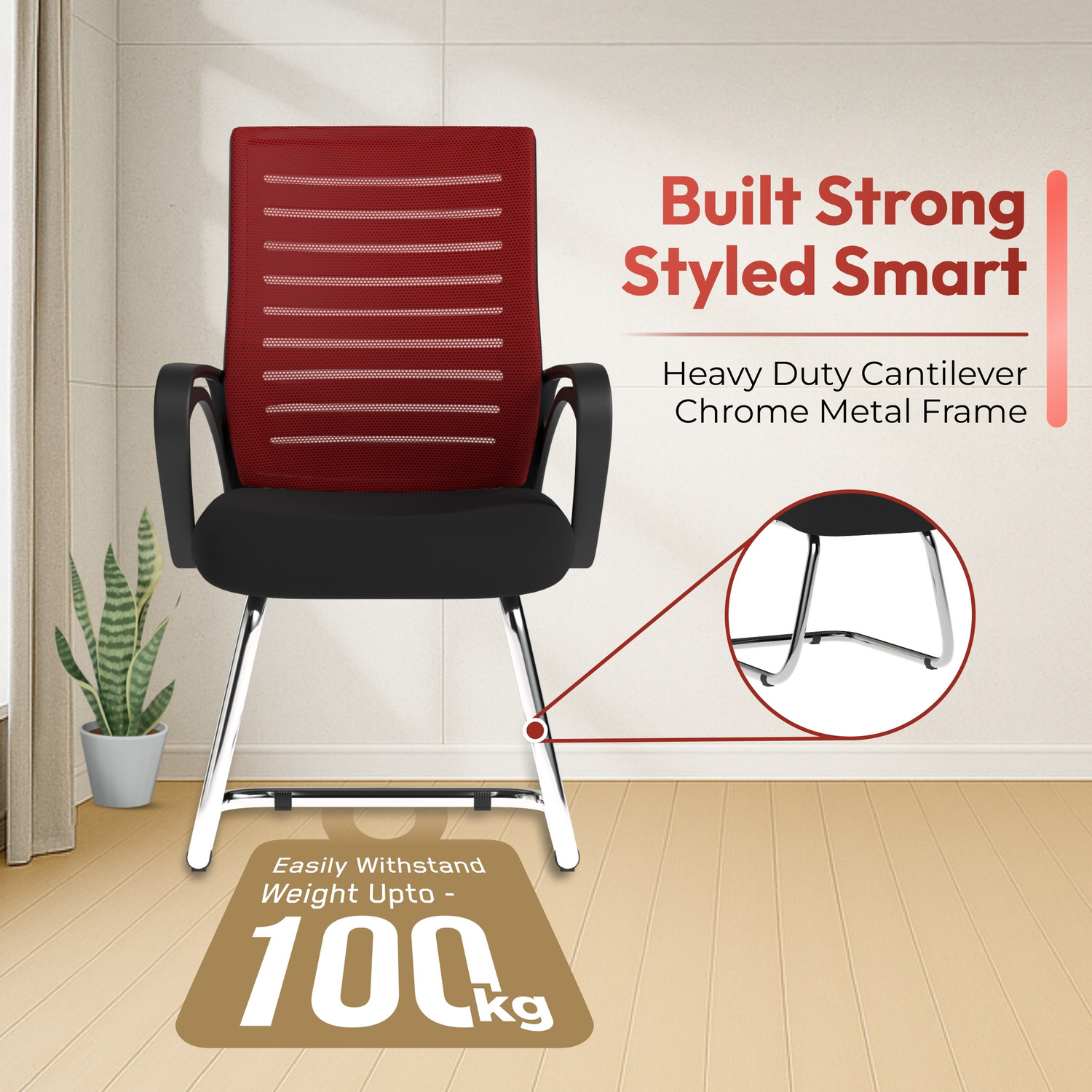 Image of Da URBAN Tulip Red Mesh Mid Back | Ergonomic | Heavy Duty Frame | Study Chair | Mesh Office Visitor Chair