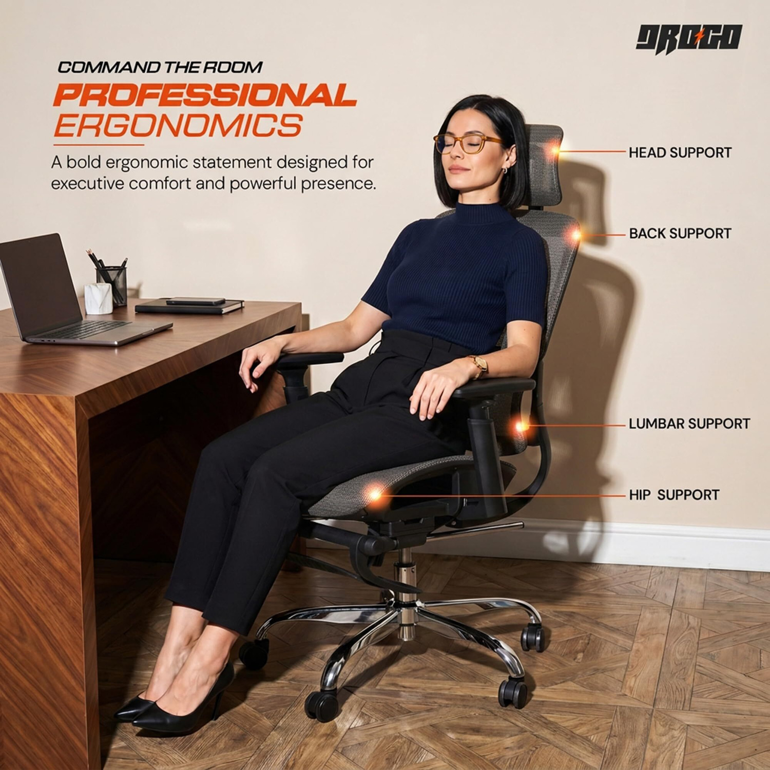 Image of Drogo Ergonomic Office Chair /Computer Chair 3D Armrest, 2D Headrest & Lumbar Support Mesh Office Executive Chair