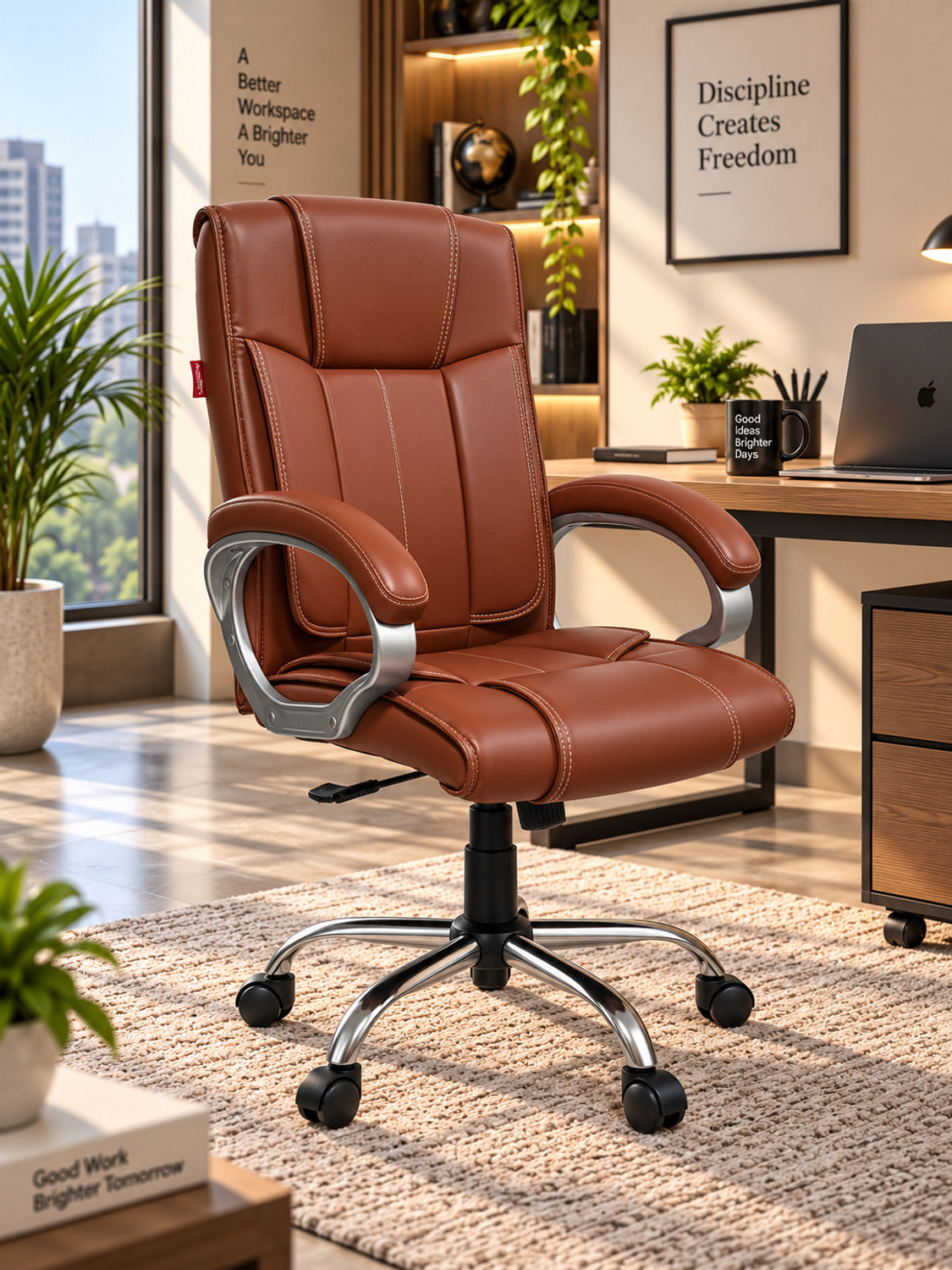 Image of ACTIVA Kylie Ergonomic Chair |Swivel Function Chair for Office /Home /Gaming /Work /Study Leatherette Office Adjustable Arm Chair (Brown, Optional Installation Available)