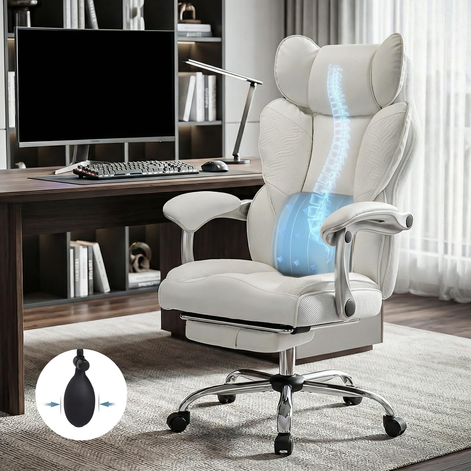 Image of Drogo Emperium Office Chair with Pumping Lumbar Support, PU Leather & Footrest Mesh Office Executive Chair