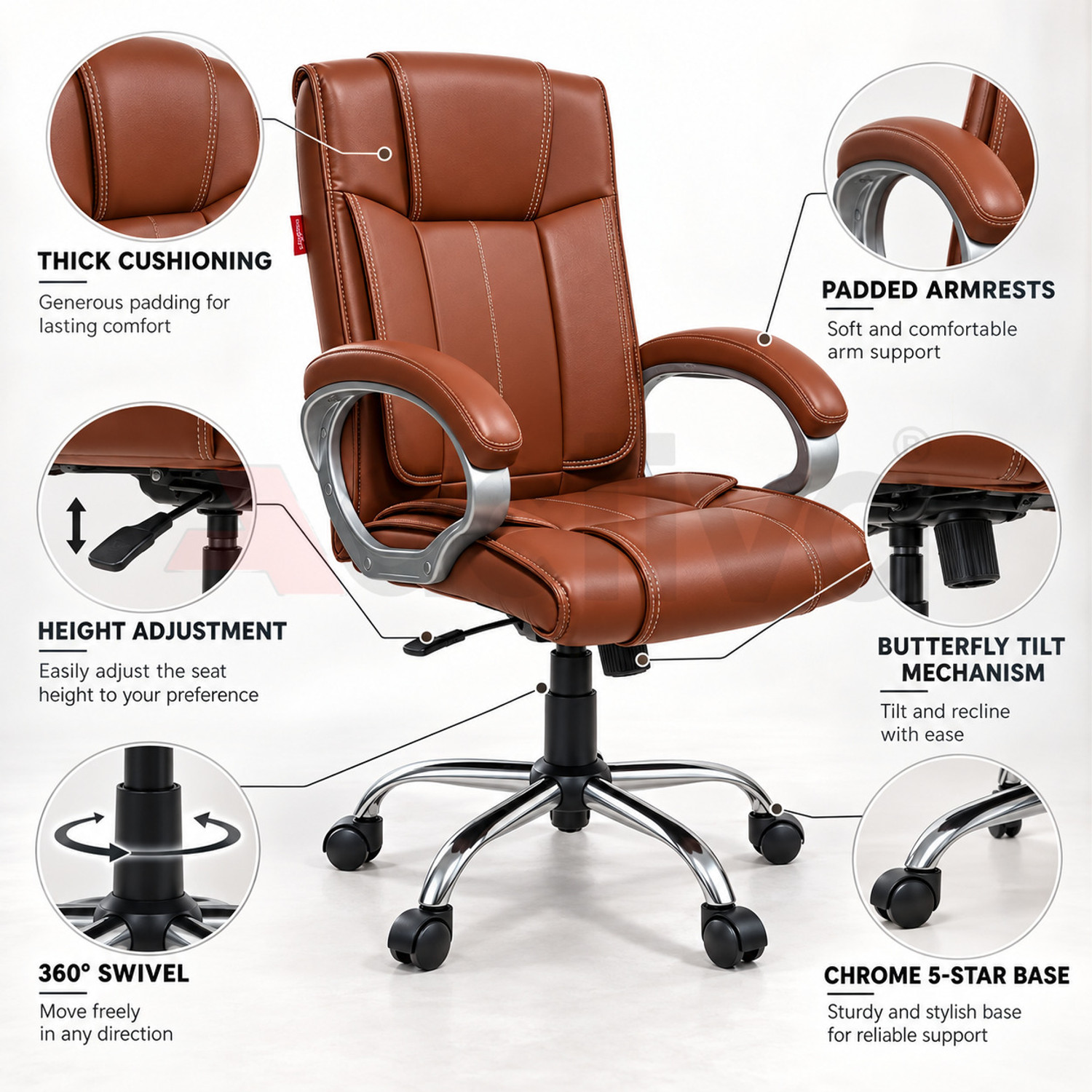 Image of ACTIVA Kylie Ergonomic Chair |Swivel Function Chair for Office /Home /Gaming /Work /Study Leatherette Office Adjustable Arm Chair (Brown, Optional Installation Available)