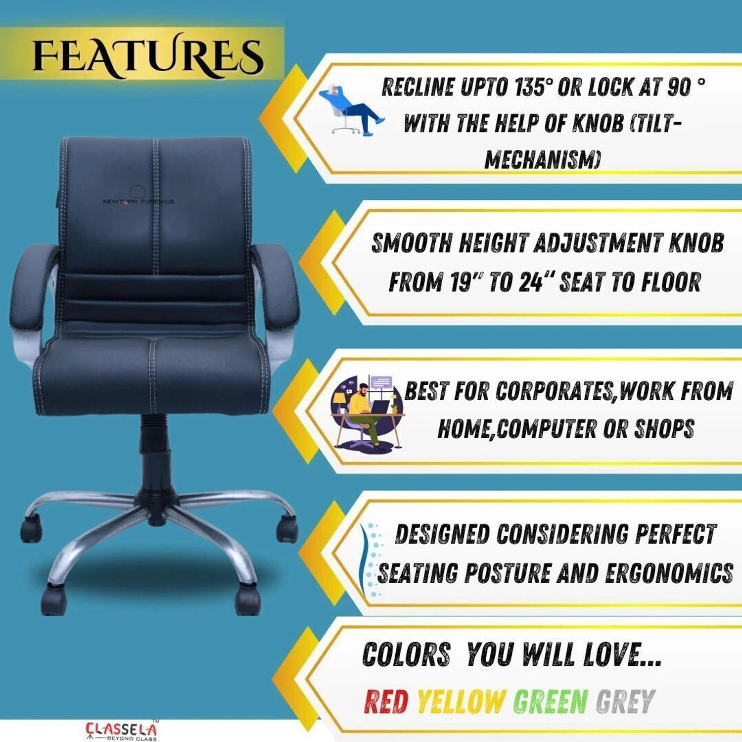 Image of CLASSELA Maxson Mid back premium leatherette Boss revolving chair with 2 years Warranty Leatherette Office Adjustable Arm Chair