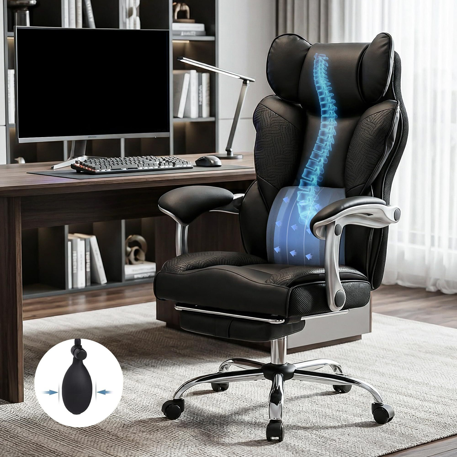 Image of Drogo Emperium Office Chair with Pumping Lumbar Support, PU Leather & Footrest Mesh Office Executive Chair