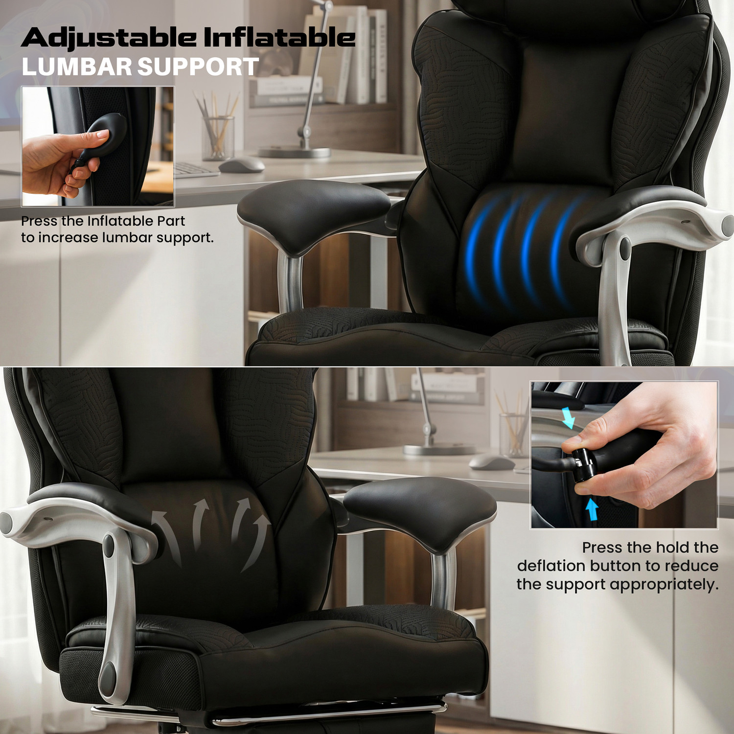 Image of Drogo Emperium Office Chair with Pumping Lumbar Support, PU Leather & Footrest Mesh Office Executive Chair