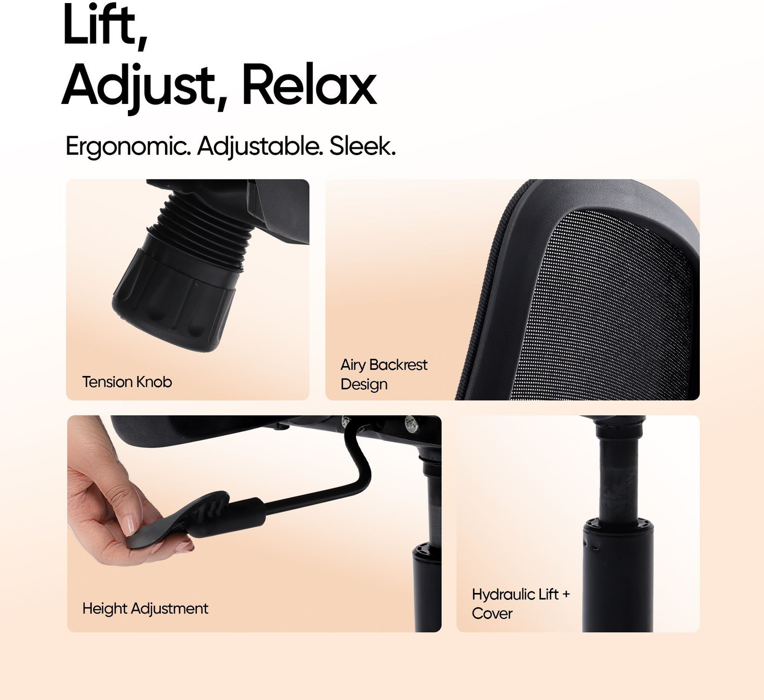Image of Frido Glide Ergonomic Home & Office Chair for Long Sitting Hours, 2D Armrests Nylon Office Adjustable Arm Chair