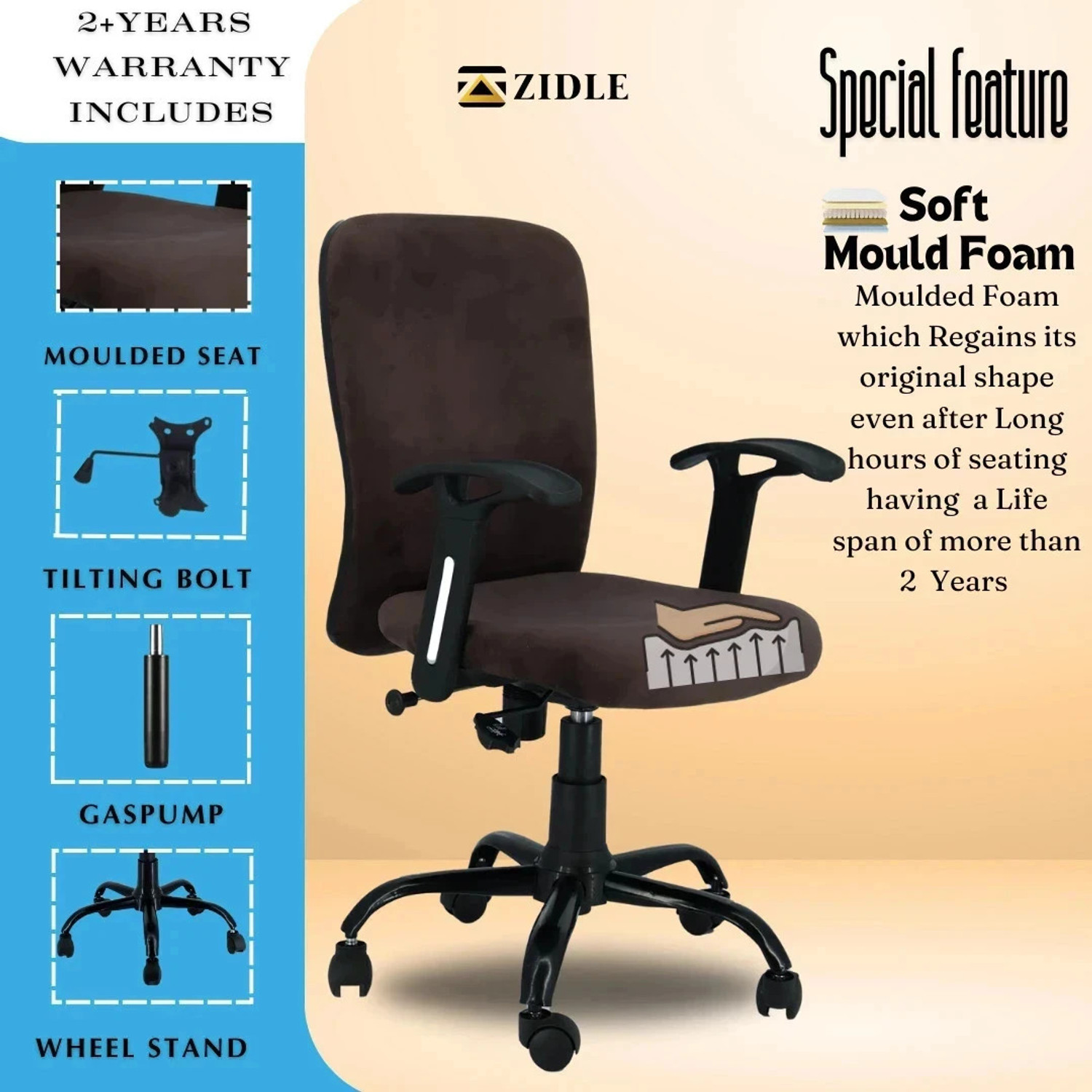Image of zidle Rainbow velvet Mid back work from home chair with Metal base & 2 Years warranty Leatherette Office Adjustable Arm Chair