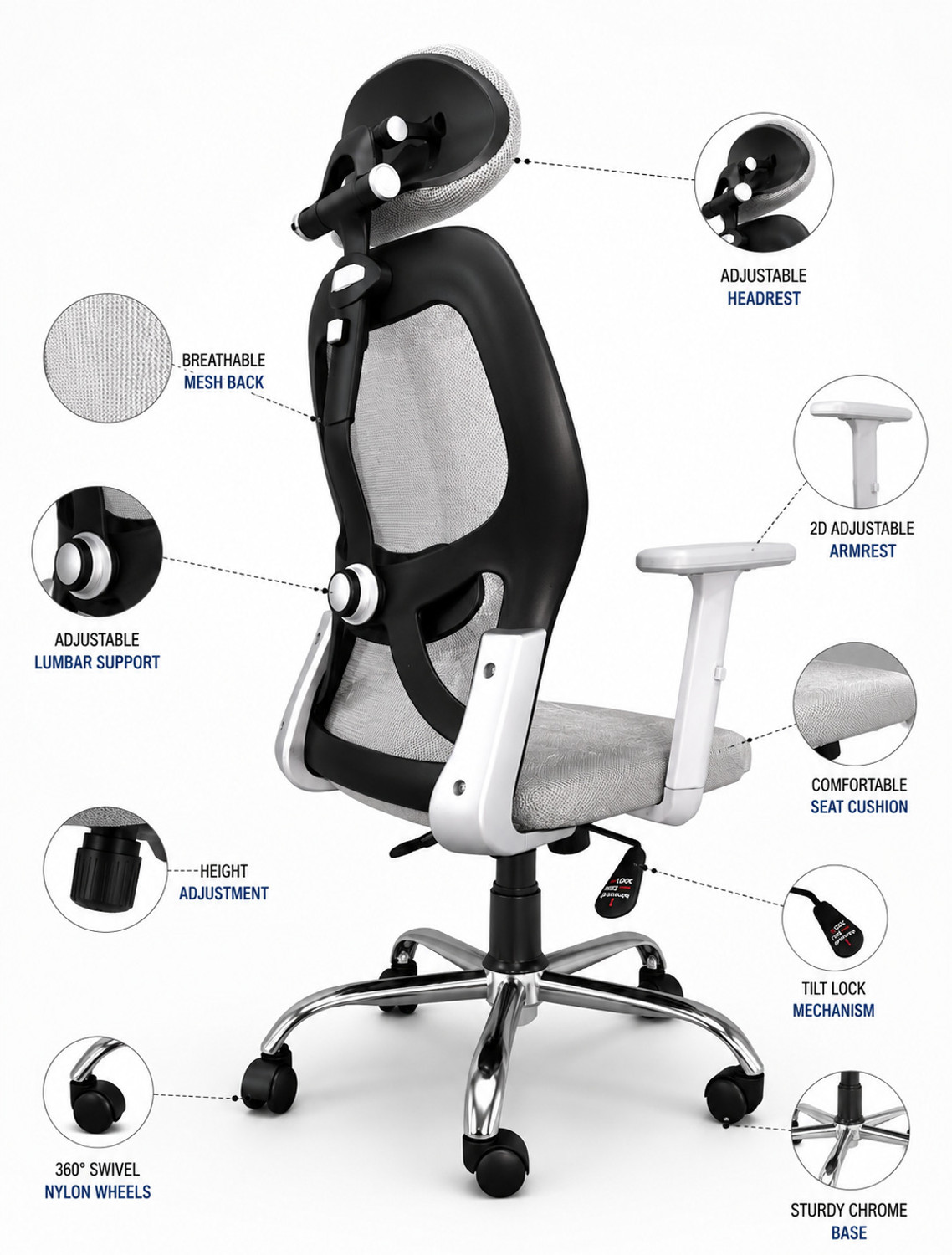Image of Aayra Dual Lock, 90-135 Recline, Adjustable Headrest & 2D Armrests. Mesh Office Adjustable Arm Chair