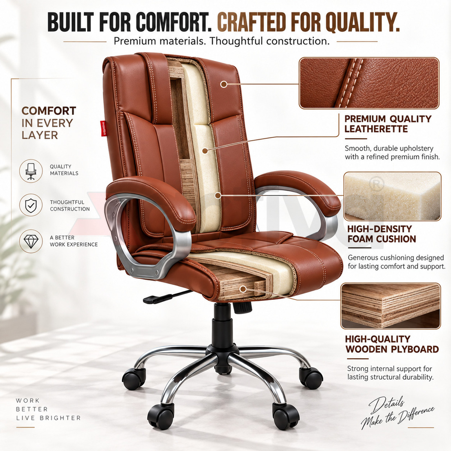 Image of ACTIVA Kylie Ergonomic Chair |Swivel Function Chair for Office /Home /Gaming /Work /Study Leatherette Office Adjustable Arm Chair (Brown, Optional Installation Available)