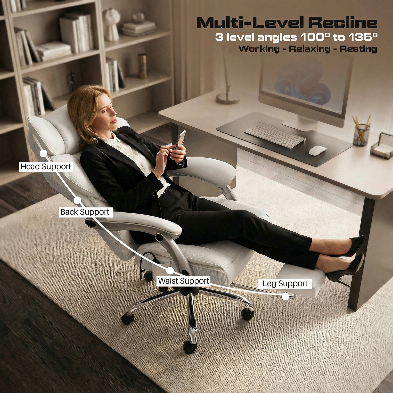 Image of Drogo Emperium Office Chair with Pumping Lumbar Support, PU Leather & Footrest Mesh Office Executive Chair