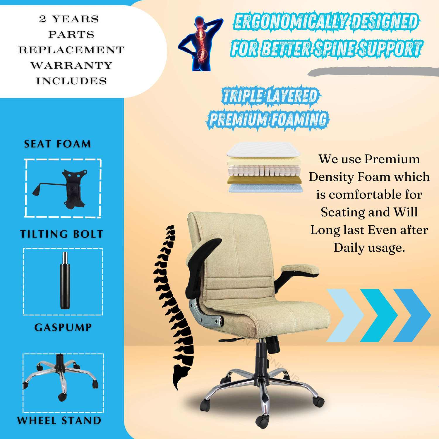 Image of Newturn MAXSON Mid Soft Jute Fabric work from Office /home chair with 1 Yrs Parts Wrty Jute Office Adjustable Arm Chair