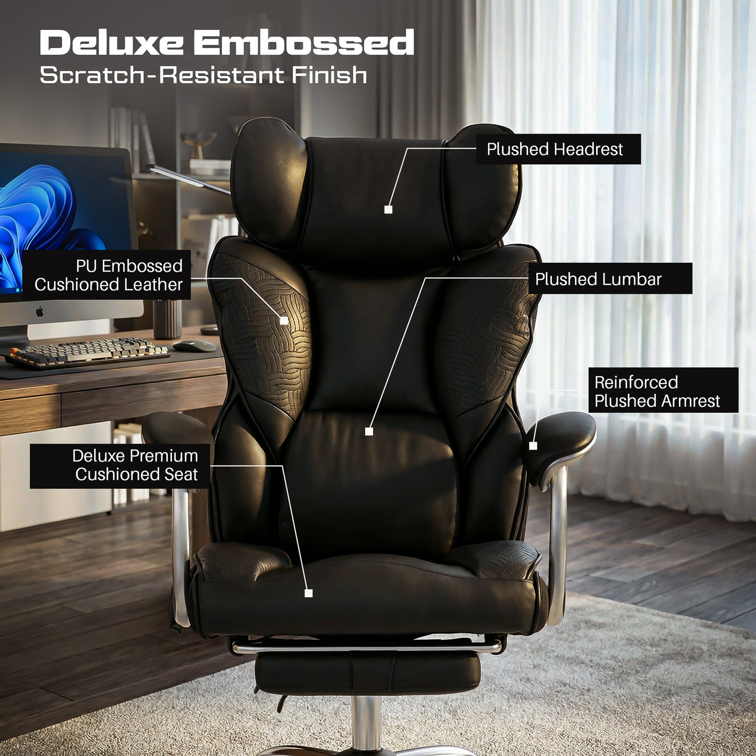 Image of Drogo Emperium Office Chair with Pumping Lumbar Support, PU Leather & Footrest Mesh Office Executive Chair