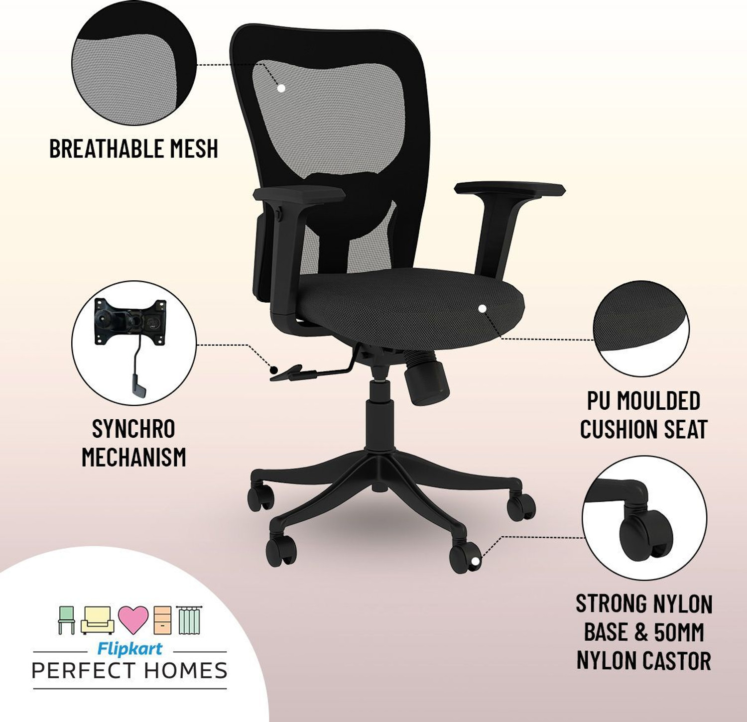 Image of Flipkart Perfect Homes Mid-Back Century Drafting Staff, Workstation, Desk Chair Mesh, Nylon Office Executive Chair