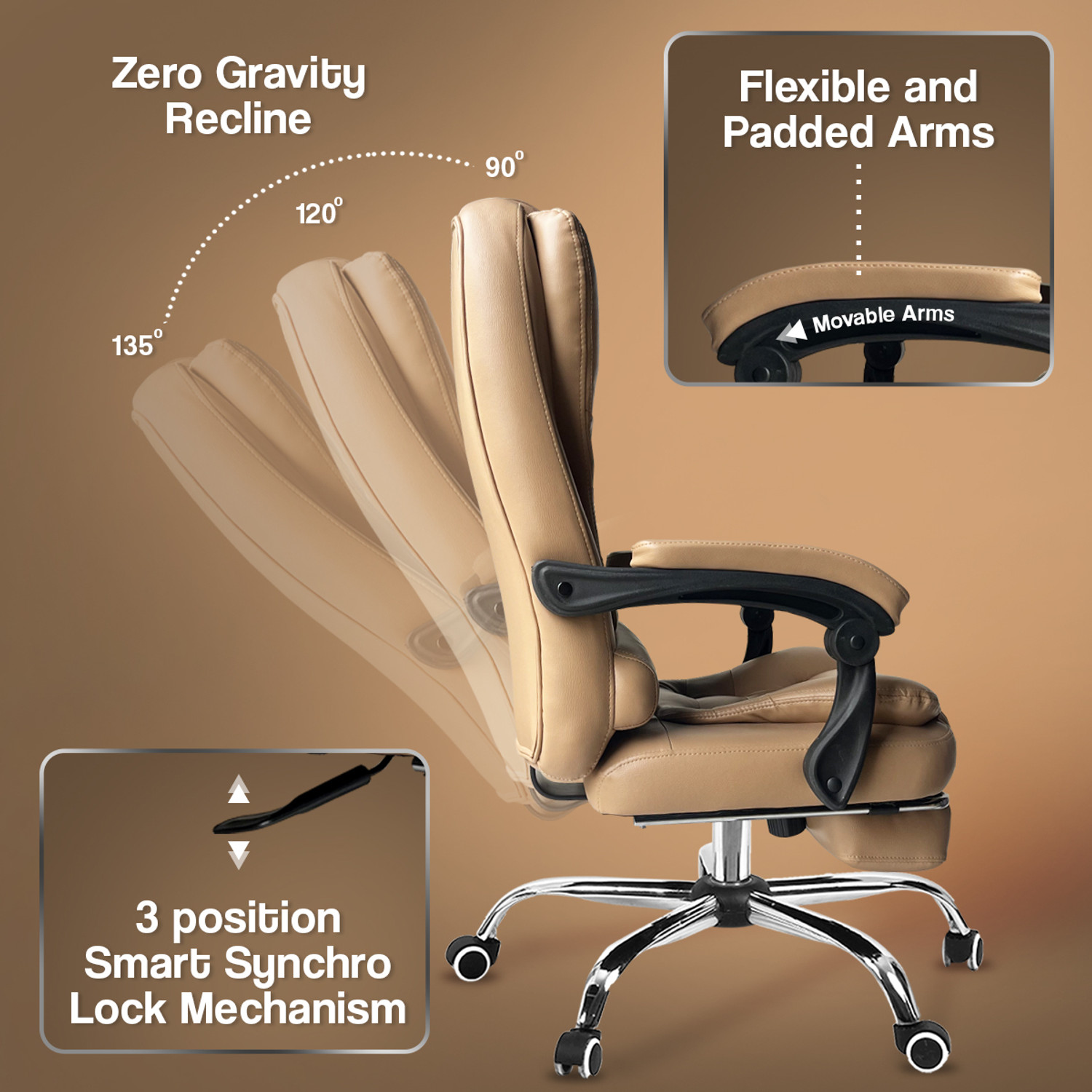 Image of Kepler Brooks Premium Recliner, Ergonomic Office Chair with Padded Arms & Leg Rest - Italia Leatherette Office Adjustable Arm Chair