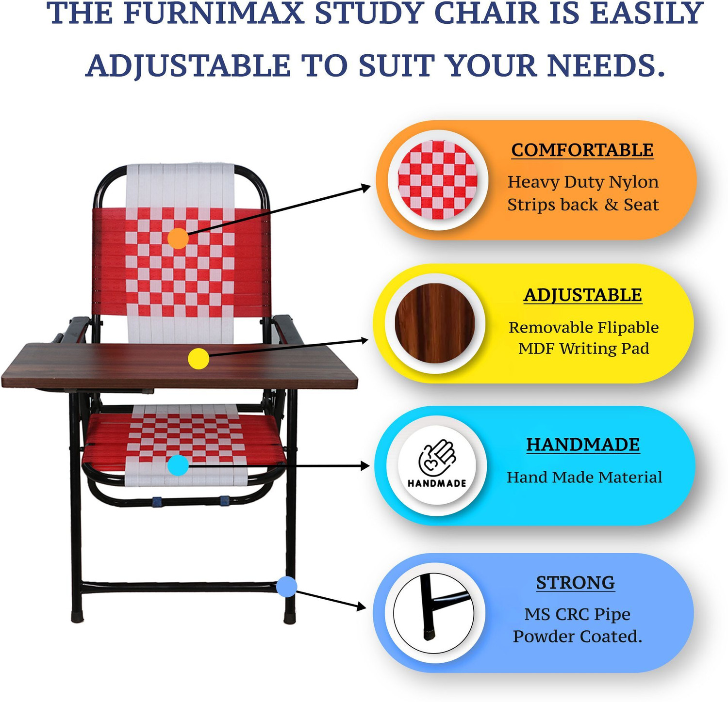 Image of NEXOR Folding Study Chair Nylon Heavyduty Niwar Patta Strips & Adjustable Writing Pad Nylon Study Folding Chair