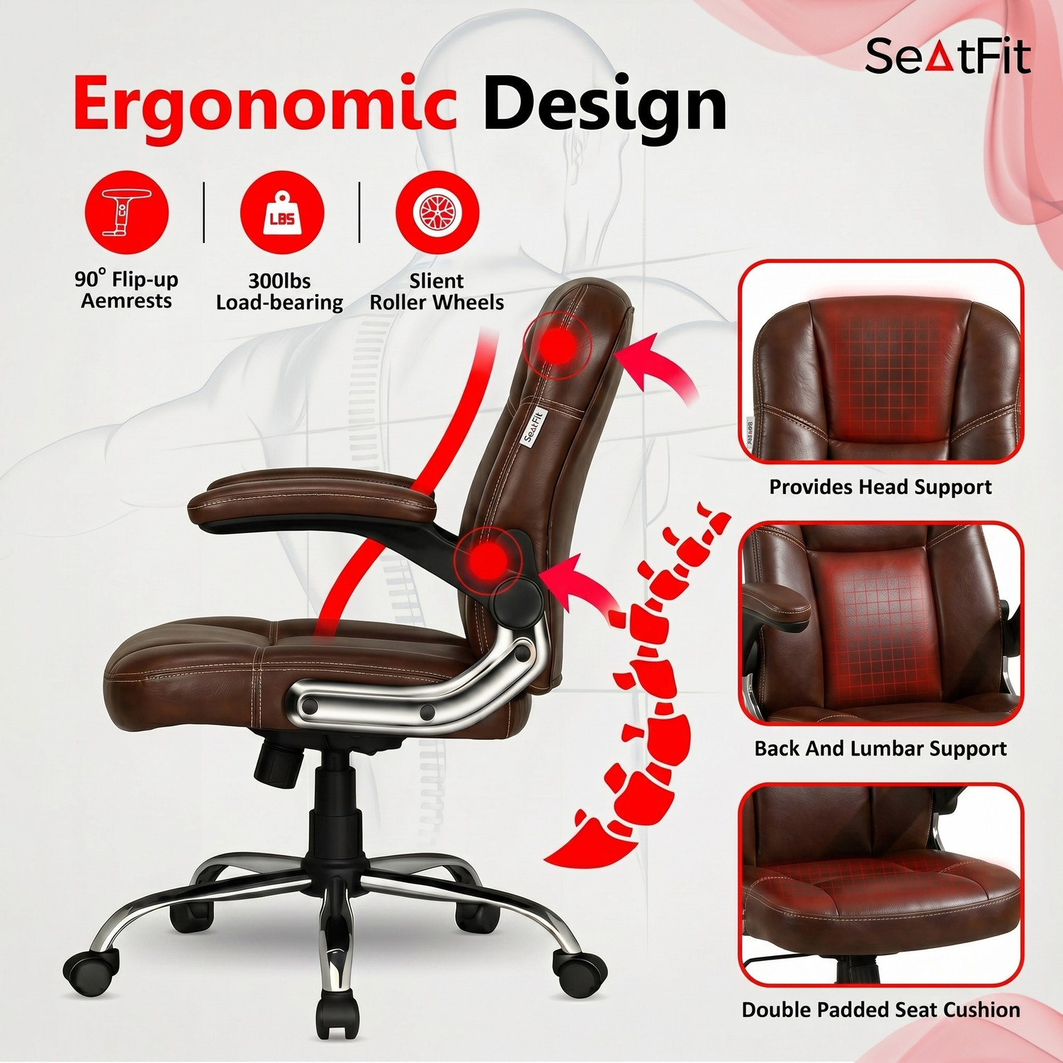Image of SEATFIT Ergo Adjust M51 Mid-Brown Leatherette Office Chair with Adjustable Arms Leatherette Office Executive Chair