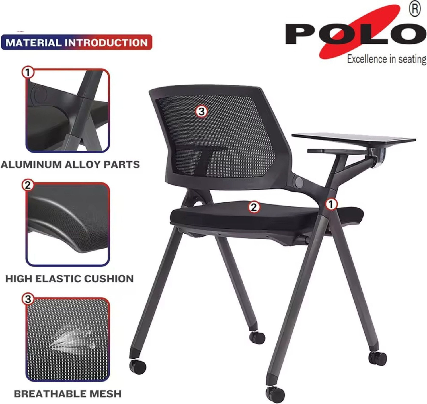 Image of POLO Folding Study Chair With Cushion & Adjustable Writing Pad Micro Suede Study Folding Chair