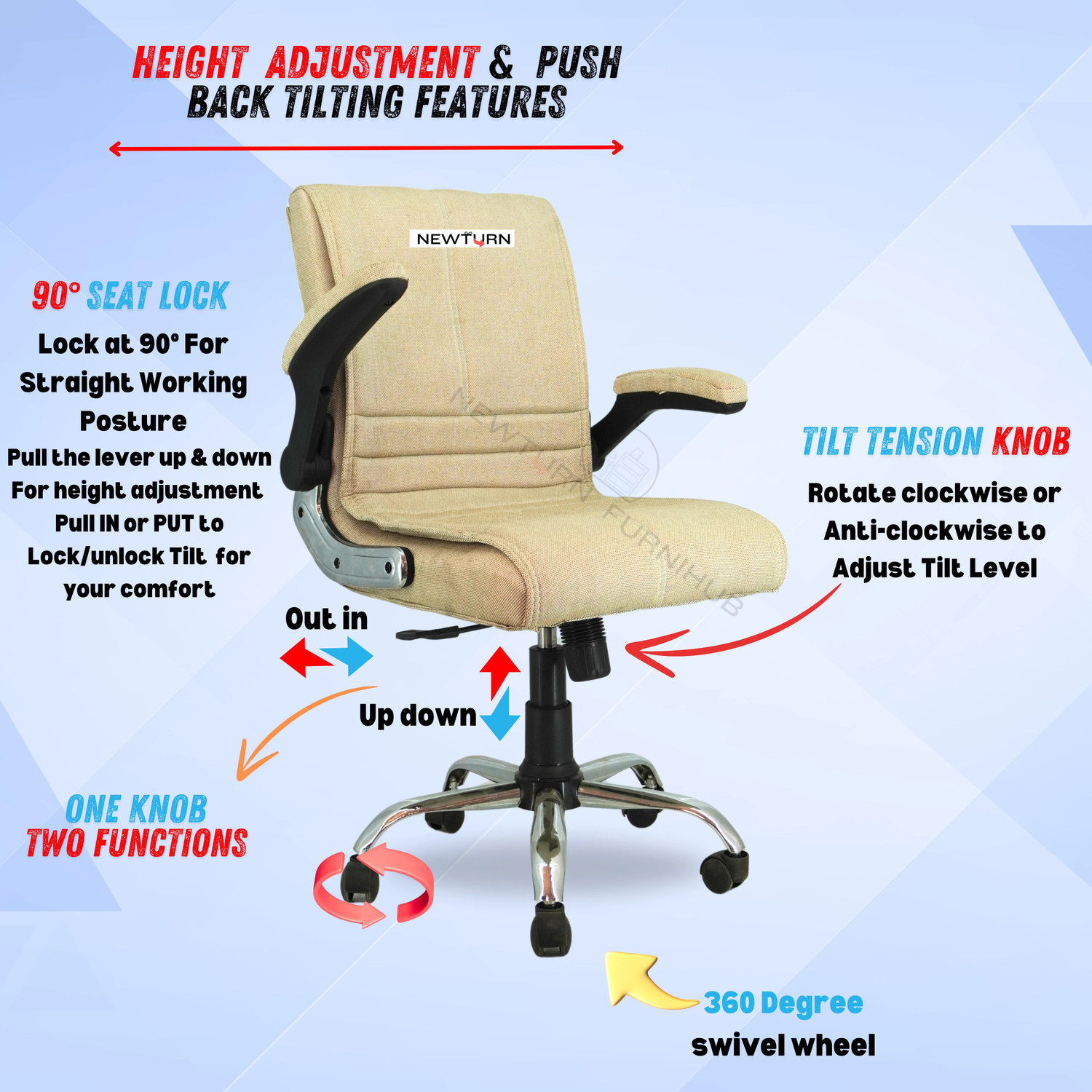 Image of Newturn MAXSON Mid Soft Jute Fabric work from Office /home chair with 1 Yrs Parts Wrty Jute Office Adjustable Arm Chair