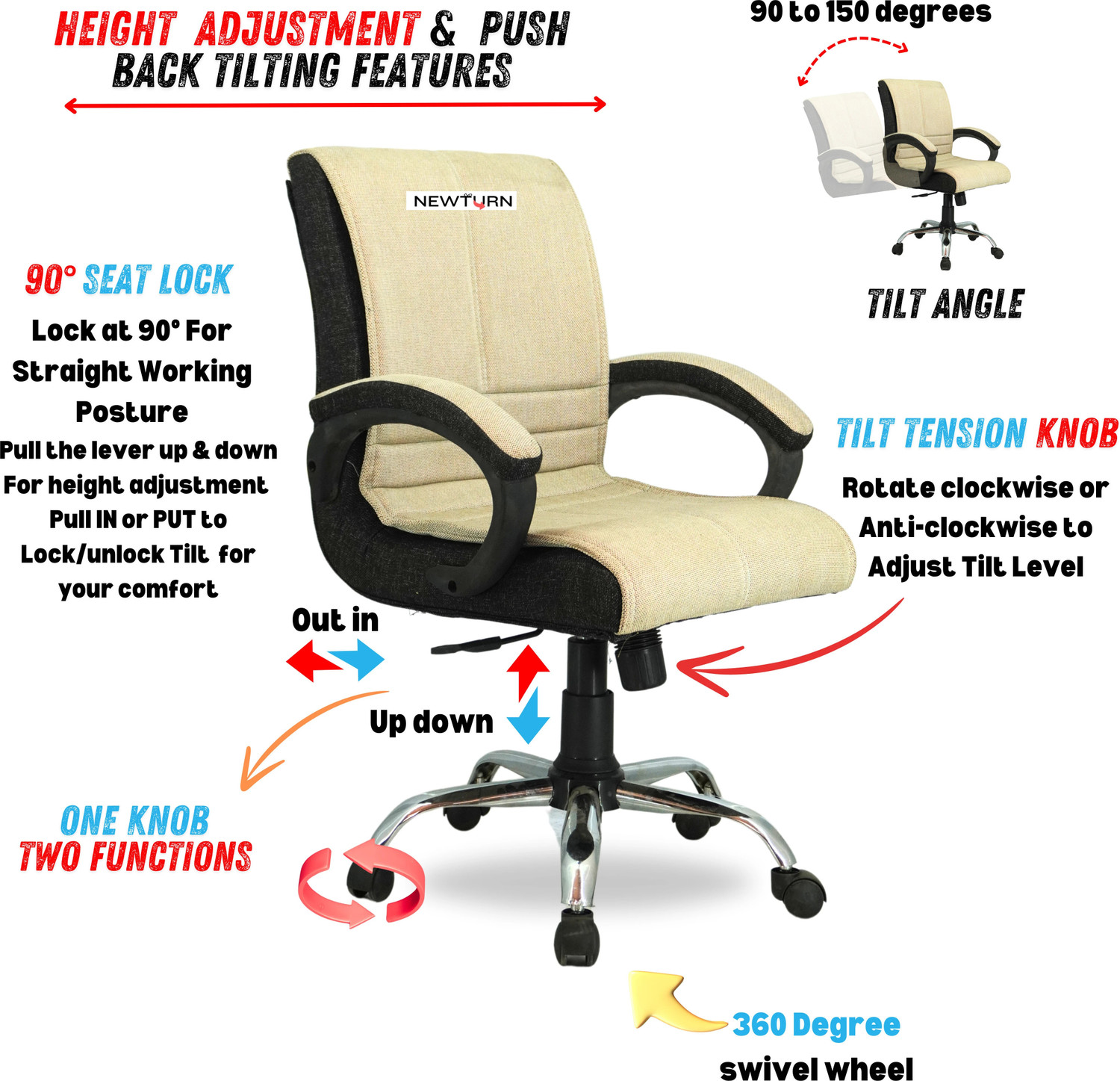 Image of Newturn MAXSON Mid Soft Jute Fabric work from Office /home chair with 1 Yrs Parts Wrty Jute Office Adjustable Arm Chair