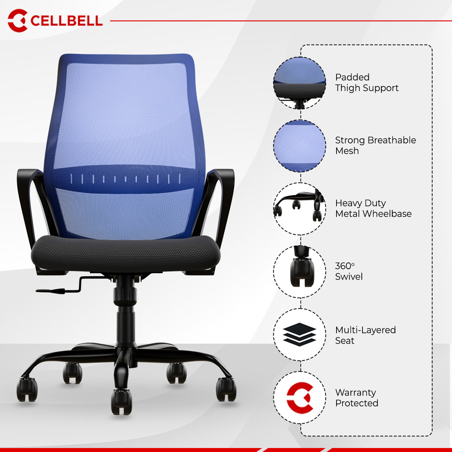 Image of CELLBELL CELLBELL Desire Pro Mid Back Fabric, Mesh Office Arm Chair